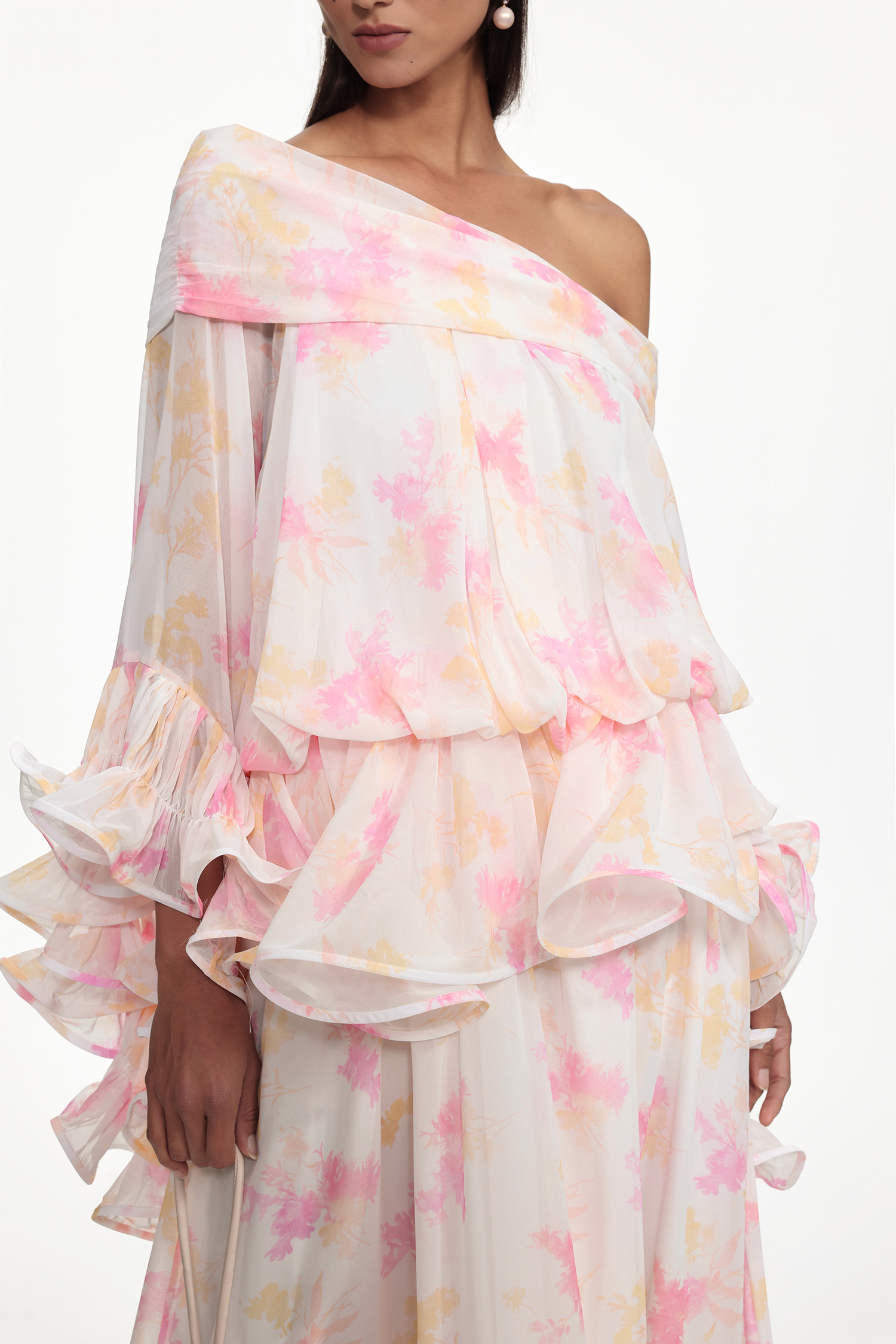 Miyasa Resort Flowy Off Shoulder Long Sleeve Ruffle Abstract Print Maxi Dress