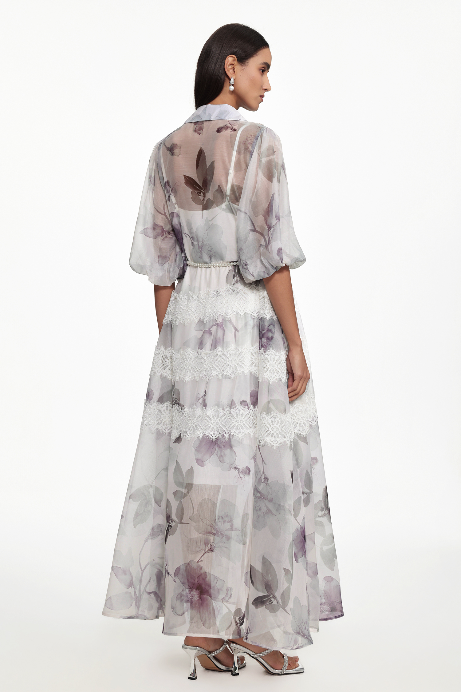 Giant Resort Flowy Puff Sleeve Floral Print Lace Maxi Dress