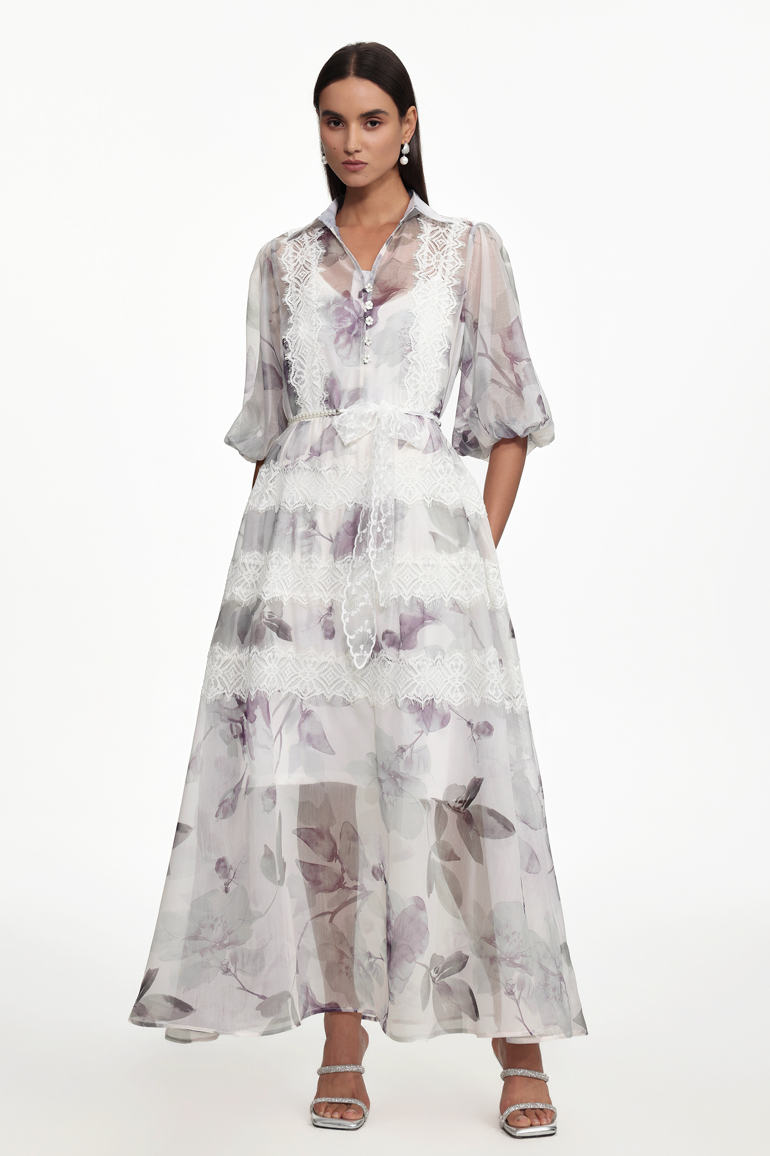 Giant Resort Flowy Puff Sleeve Floral Print Lace Maxi Dress