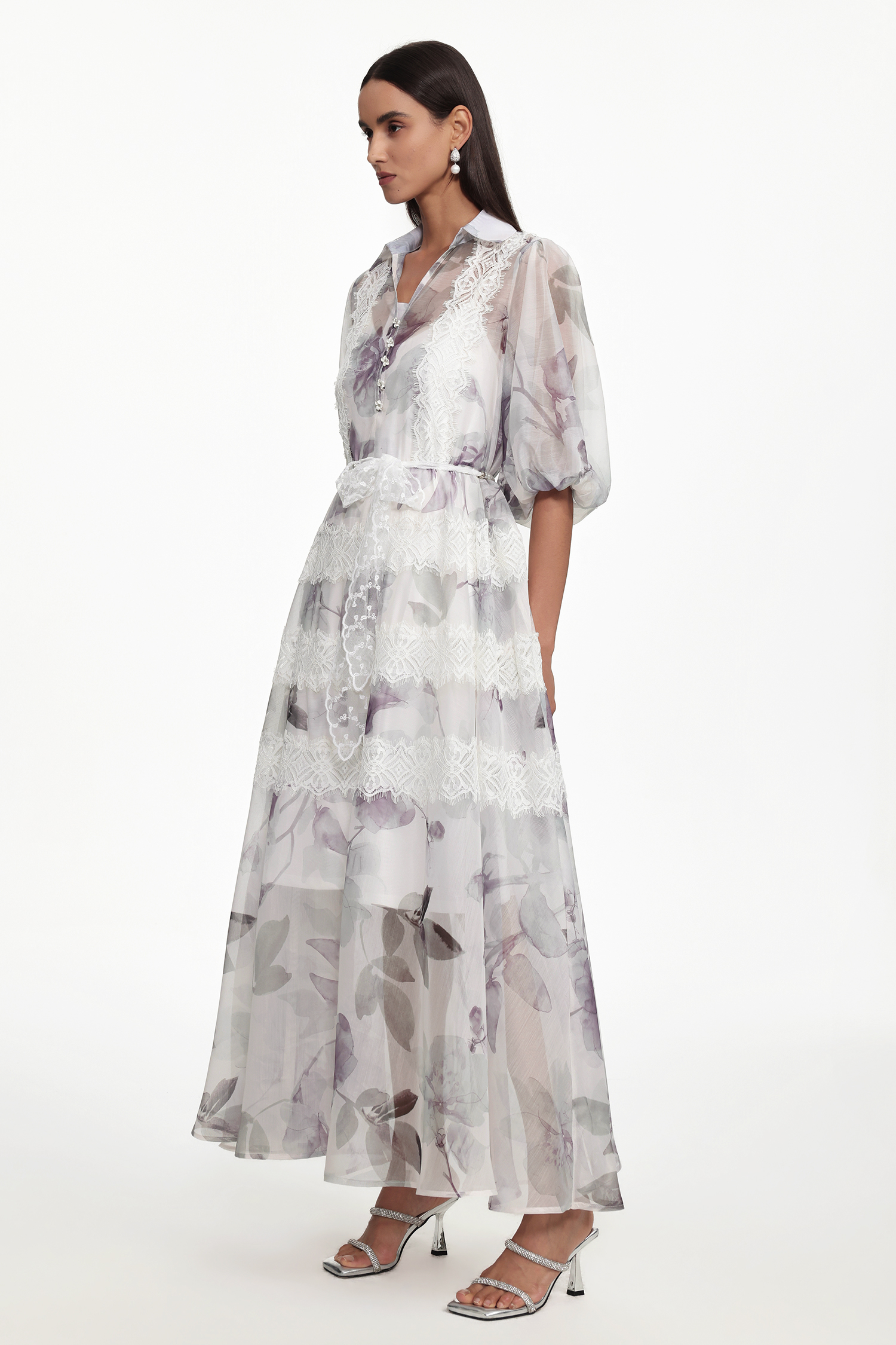 Giant Resort Flowy Puff Sleeve Floral Print Lace Maxi Dress