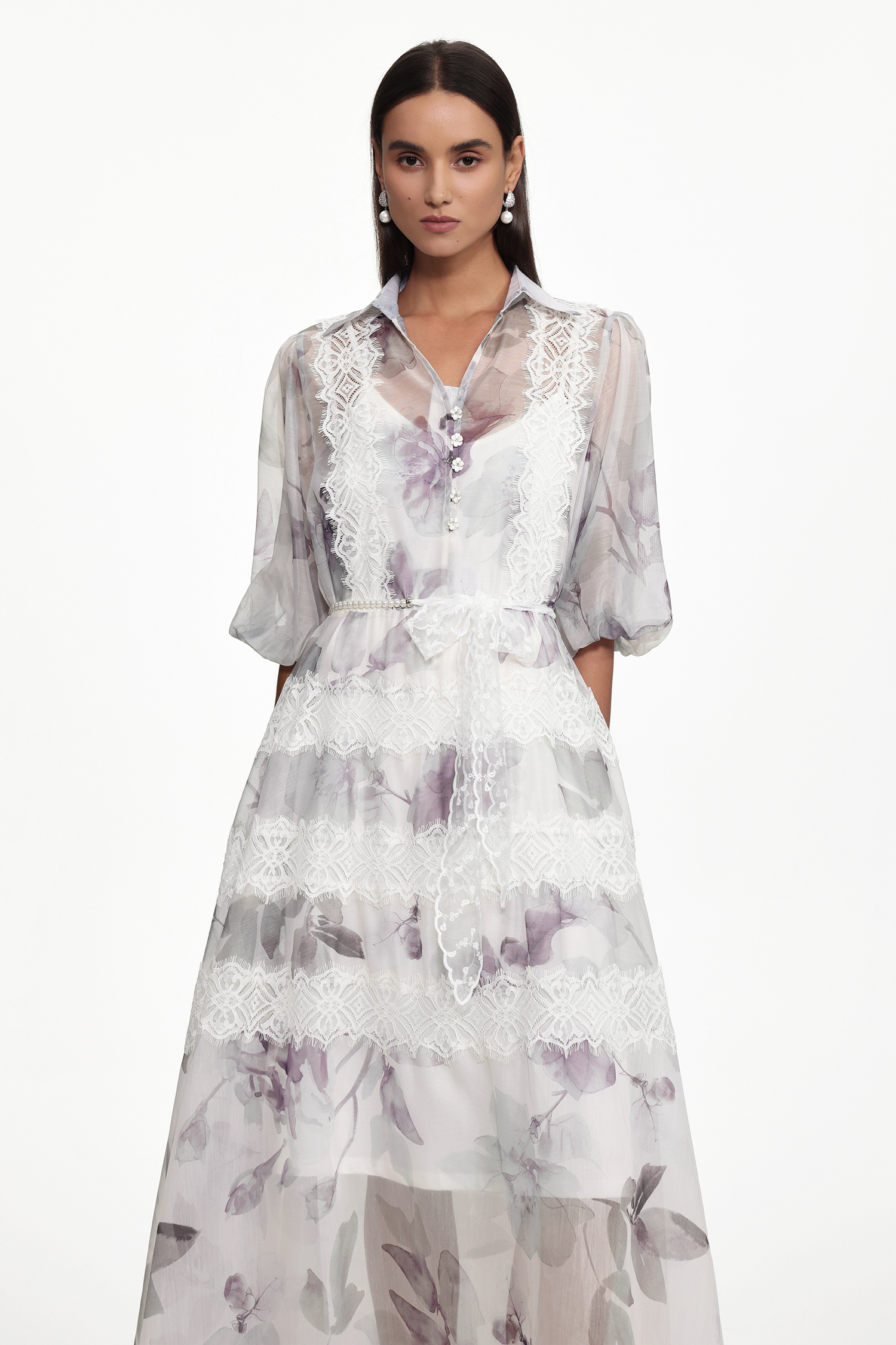 Giant Resort Flowy Puff Sleeve Floral Print Lace Maxi Dress