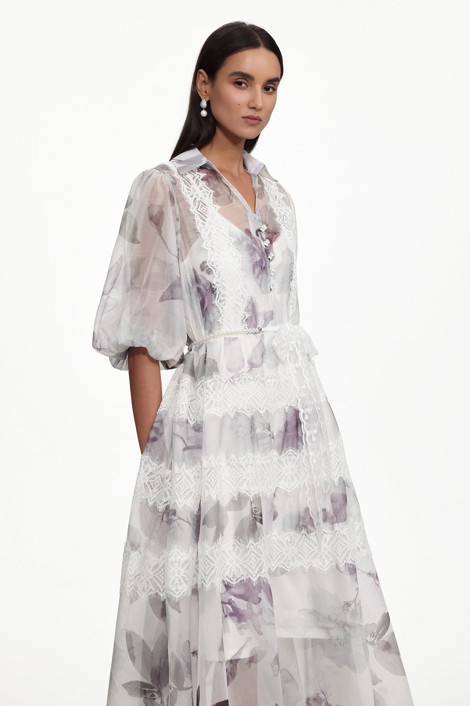 Giant Resort Flowy Puff Sleeve Floral Print Lace Maxi Dress