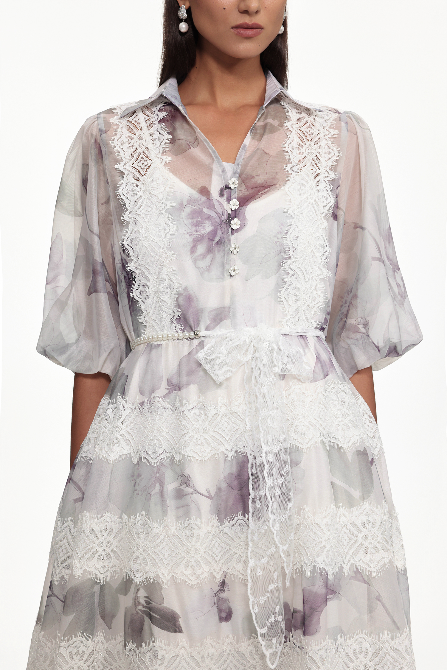 Giant Resort Flowy Puff Sleeve Floral Print Lace Maxi Dress