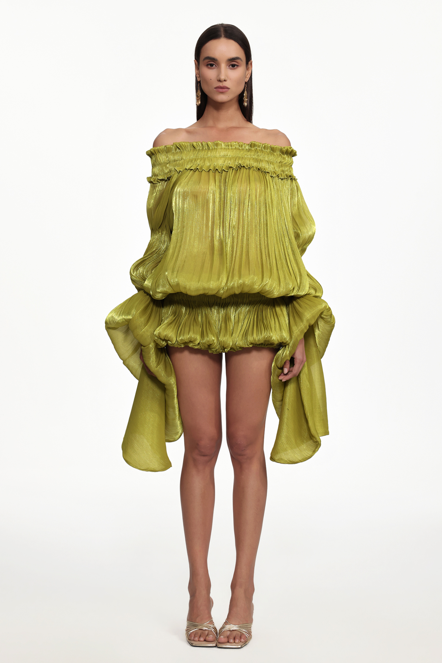 Flavia Resort Flowy Off Shoulder Long Sleeve Ruched Organza Top and Skirt Set