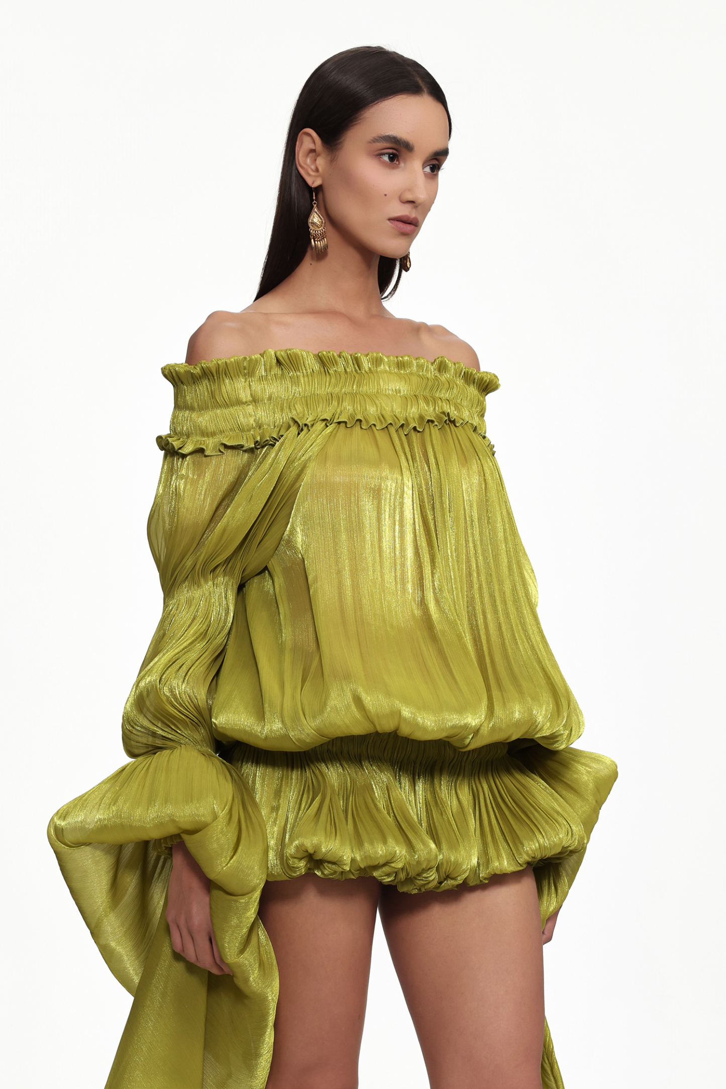 Flavia Resort Flowy Off Shoulder Long Sleeve Ruched Organza Top and Skirt Set
