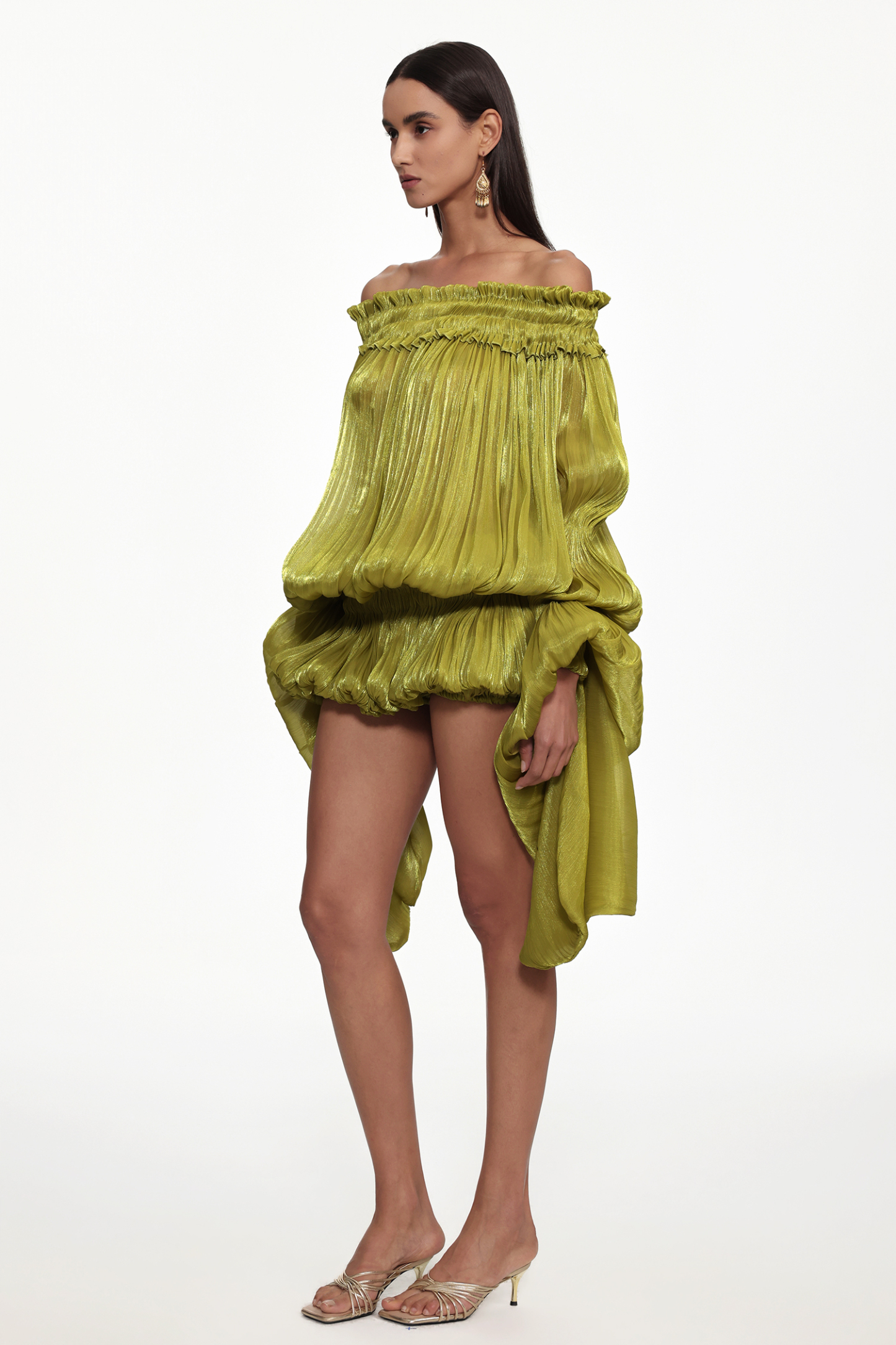 Flavia Resort Flowy Off Shoulder Long Sleeve Ruched Organza Top and Skirt Set