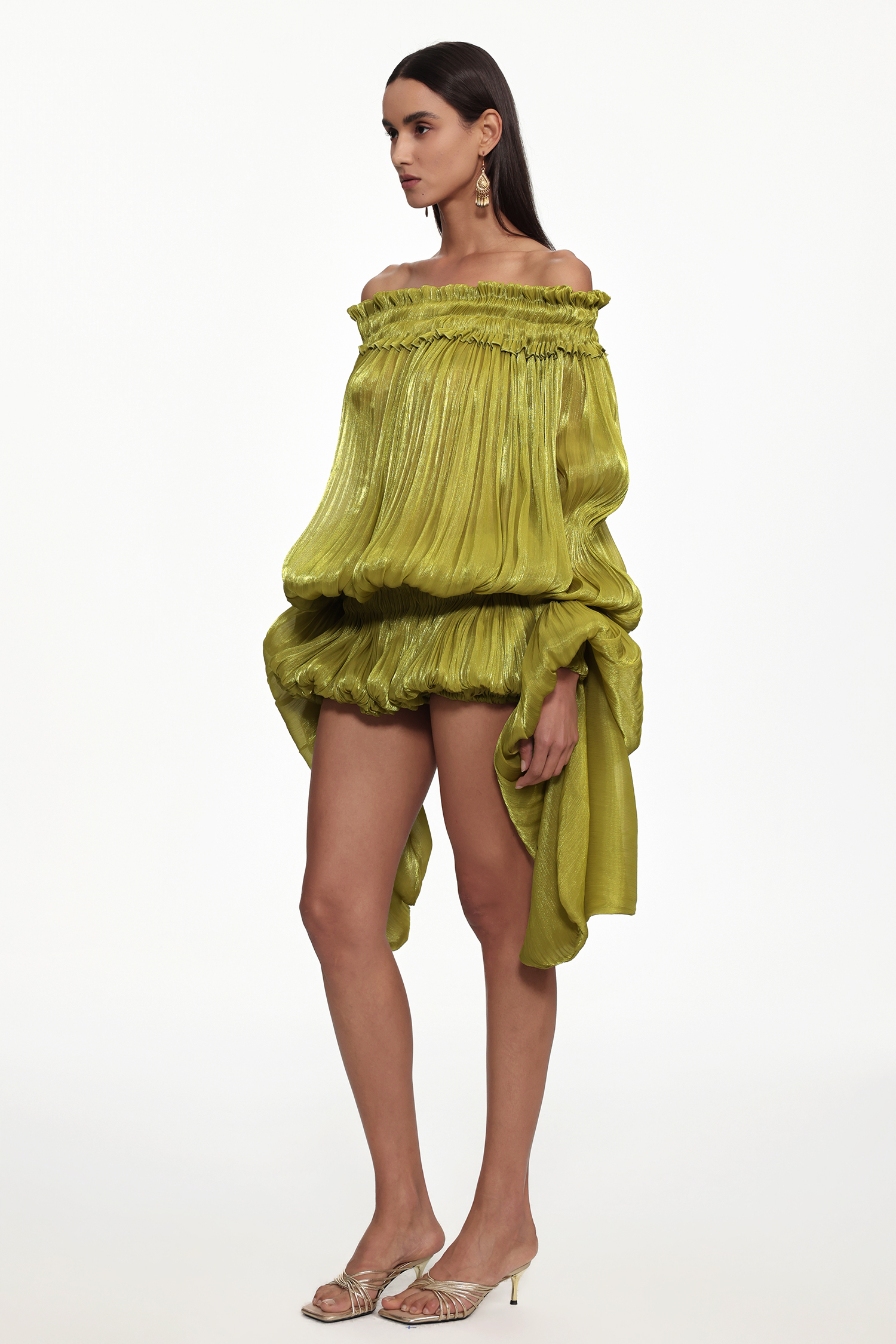 Flavia Resort Flowy Off Shoulder Long Sleeve Ruched Organza Top and Skirt Set