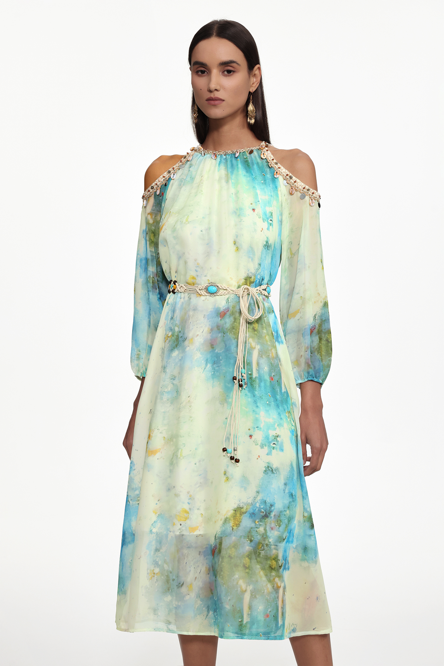 Eila Resort Flowy Long Sleeve Print Chiffon Maxi Dress