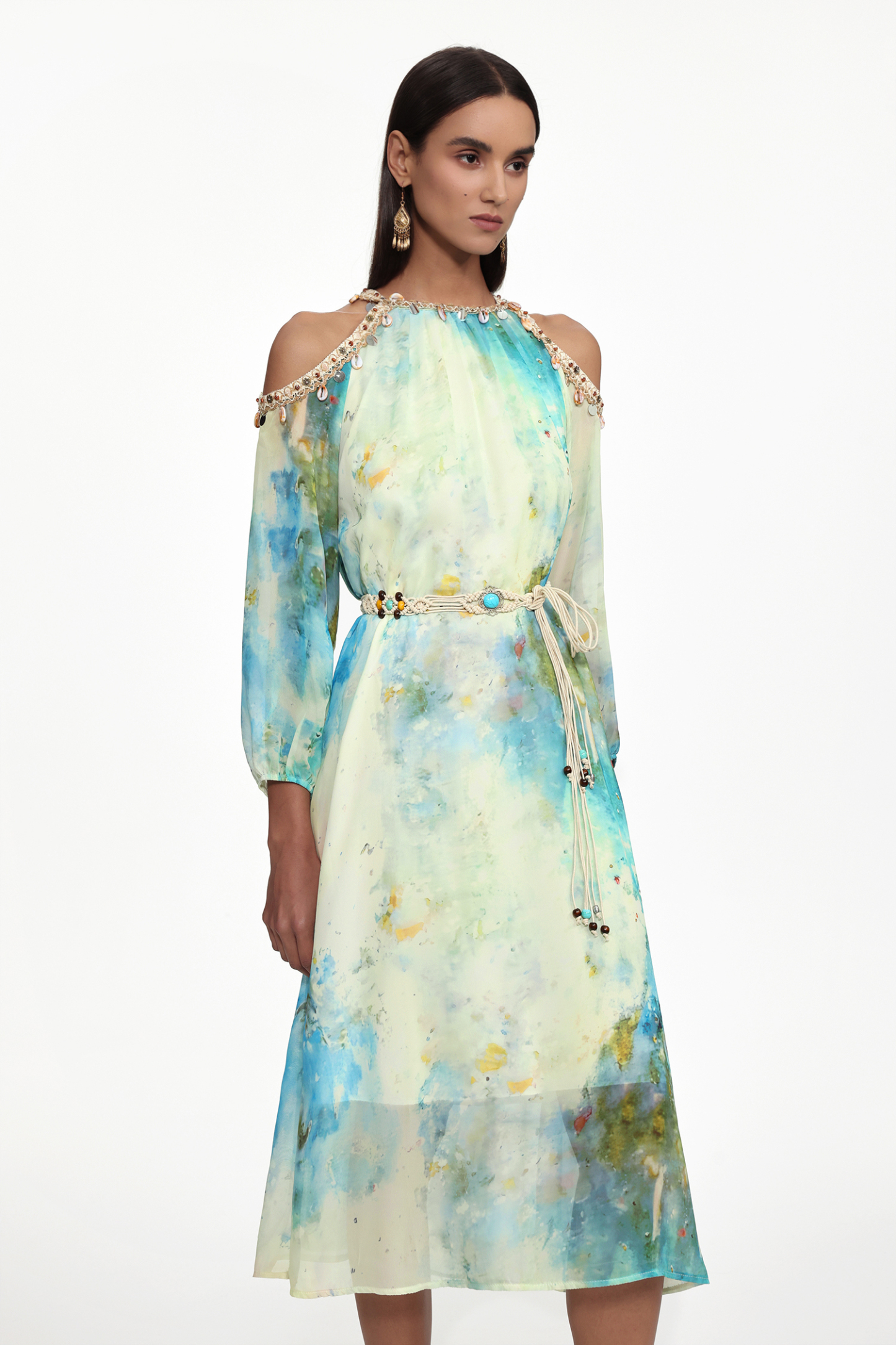 Eila Resort Flowy Long Sleeve Print Chiffon Maxi Dress