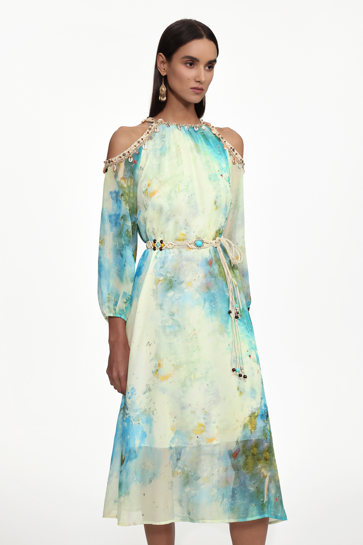 Eila Resort Flowy Long Sleeve Print Chiffon Maxi Dress