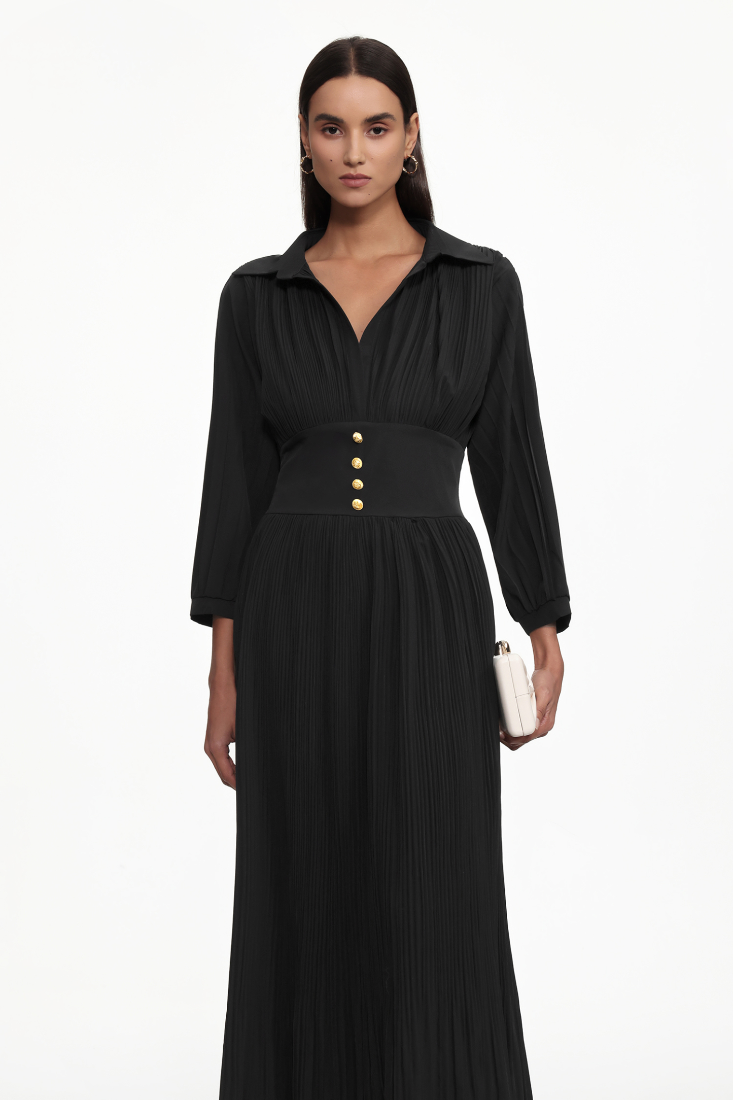 Josie Resort Flowy V Neck Long Sleeve Pleated Woven Maxi Dress