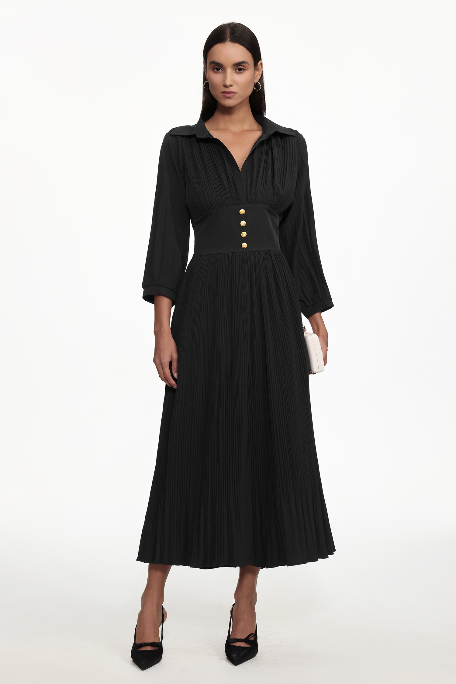 Josie Resort Flowy V Neck Long Sleeve Pleated Woven Maxi Dress