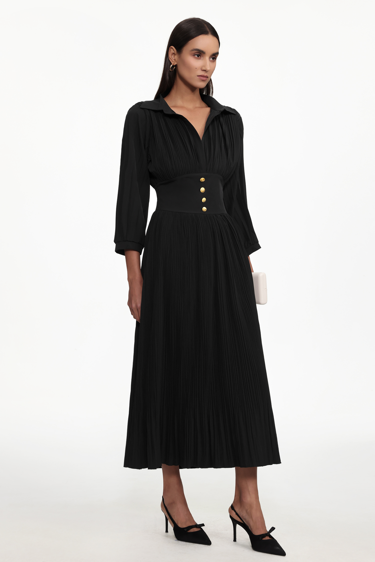 Josie Resort Flowy V Neck Long Sleeve Pleated Woven Maxi Dress