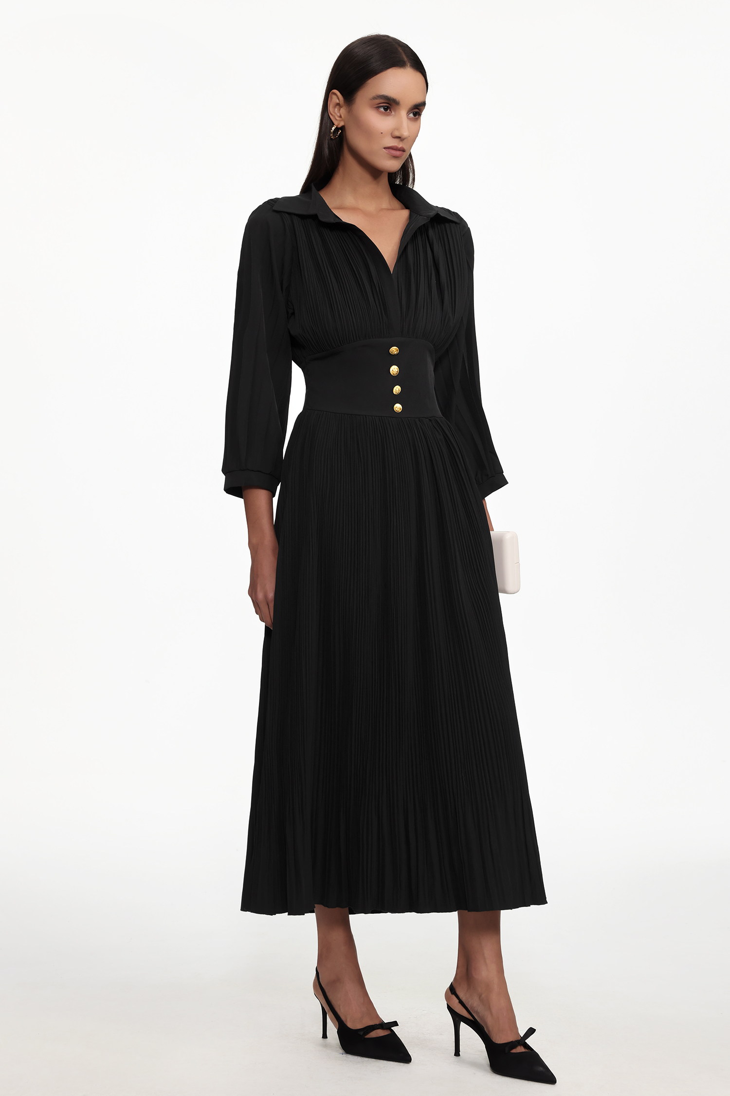 Josie Resort Flowy V Neck Long Sleeve Pleated Woven Maxi Dress
