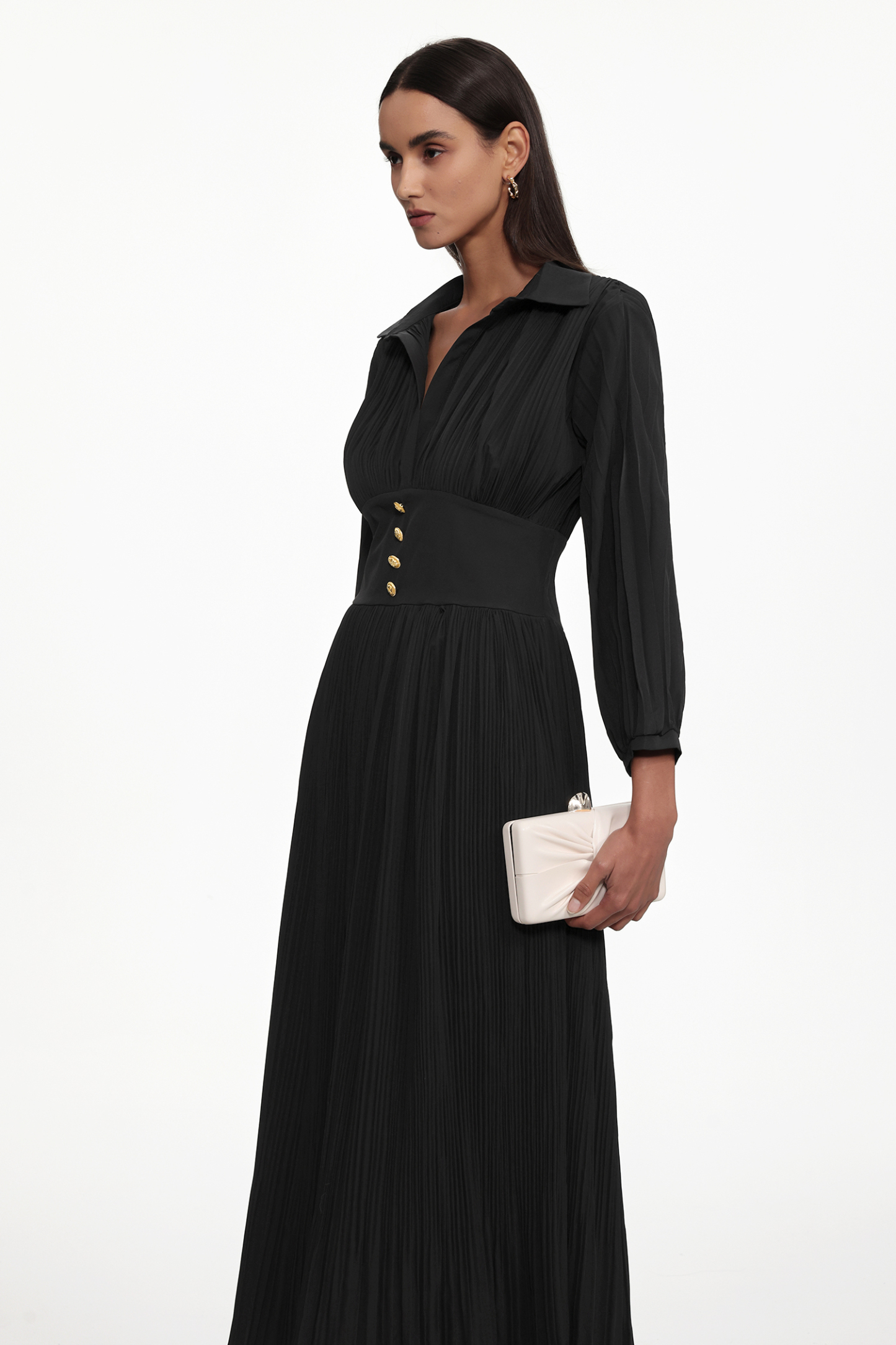 Josie Resort Flowy V Neck Long Sleeve Pleated Woven Maxi Dress