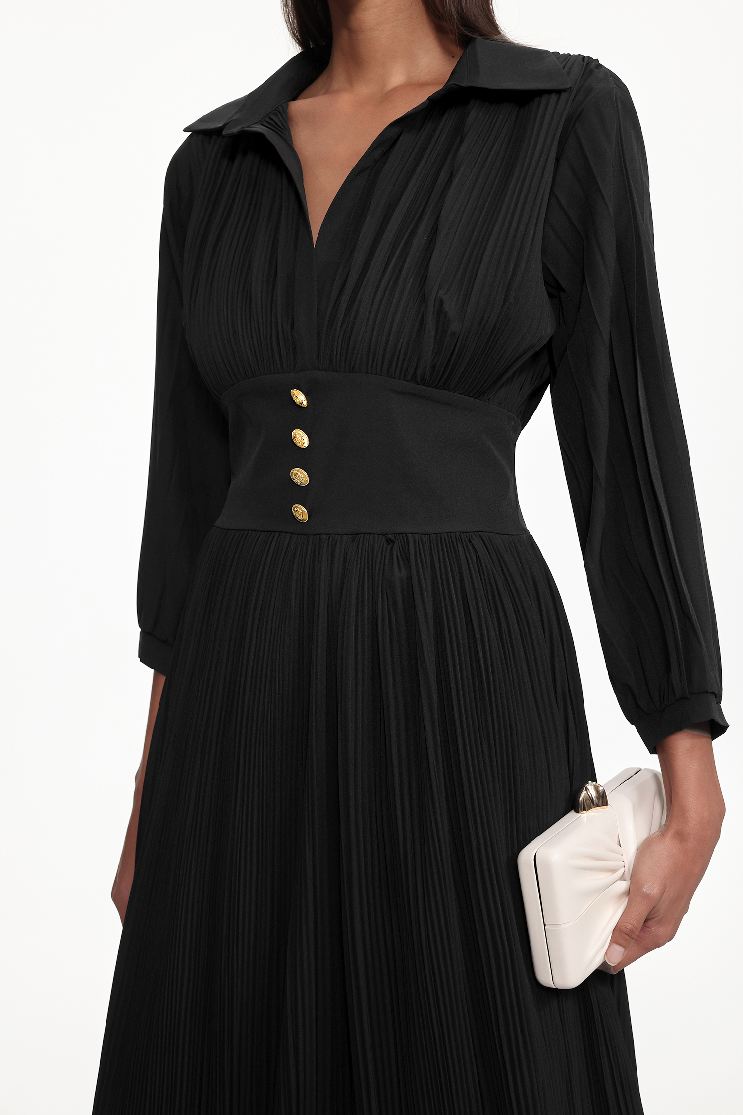 Josie Resort Flowy V Neck Long Sleeve Pleated Woven Maxi Dress