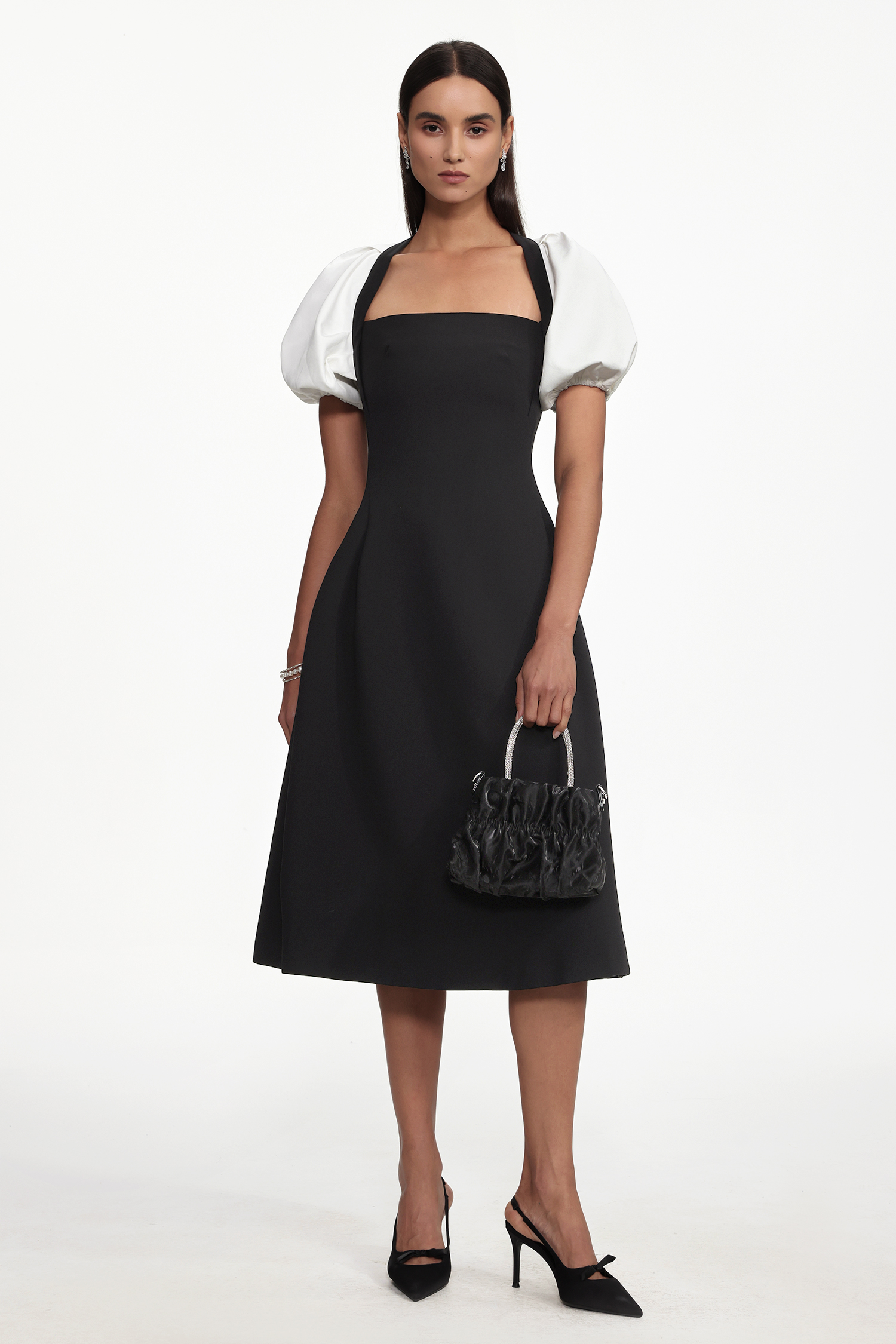 Selene Classic Tailored Puff Sleeve Woven Midi Dress