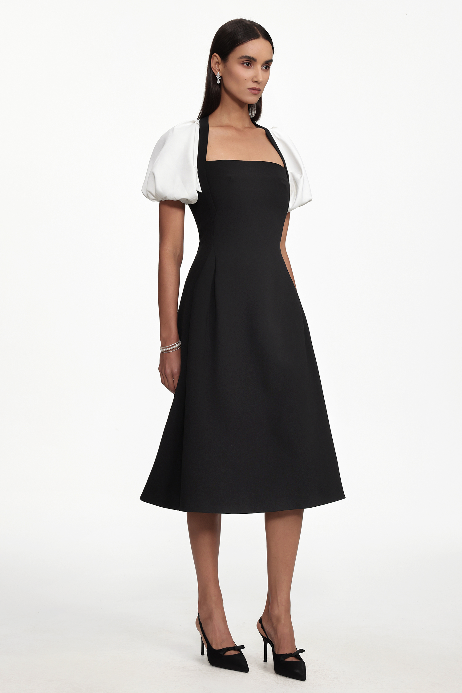Selene Classic Tailored Puff Sleeve Woven Midi Dress