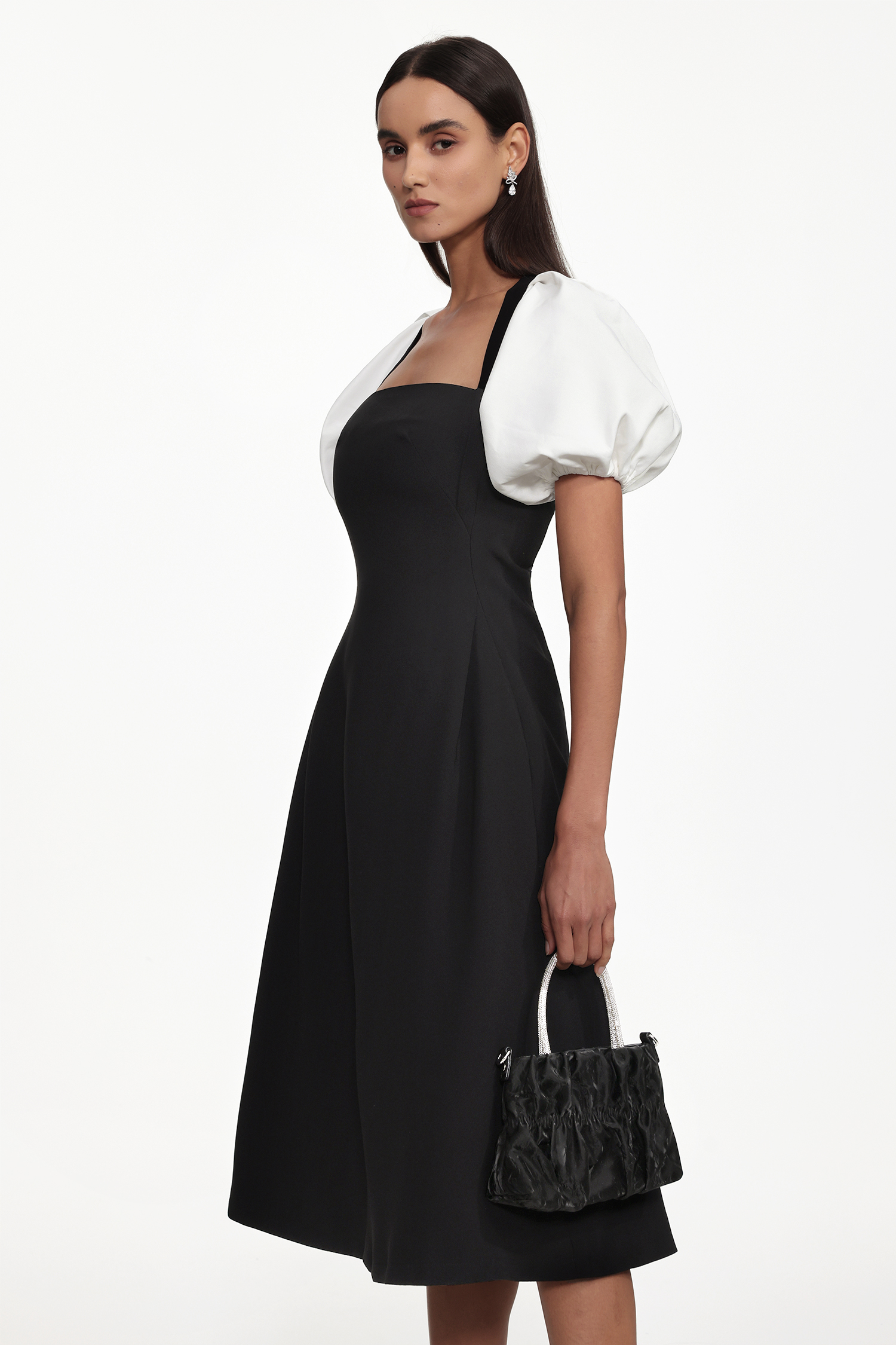 Selene Classic Tailored Puff Sleeve Woven Midi Dress