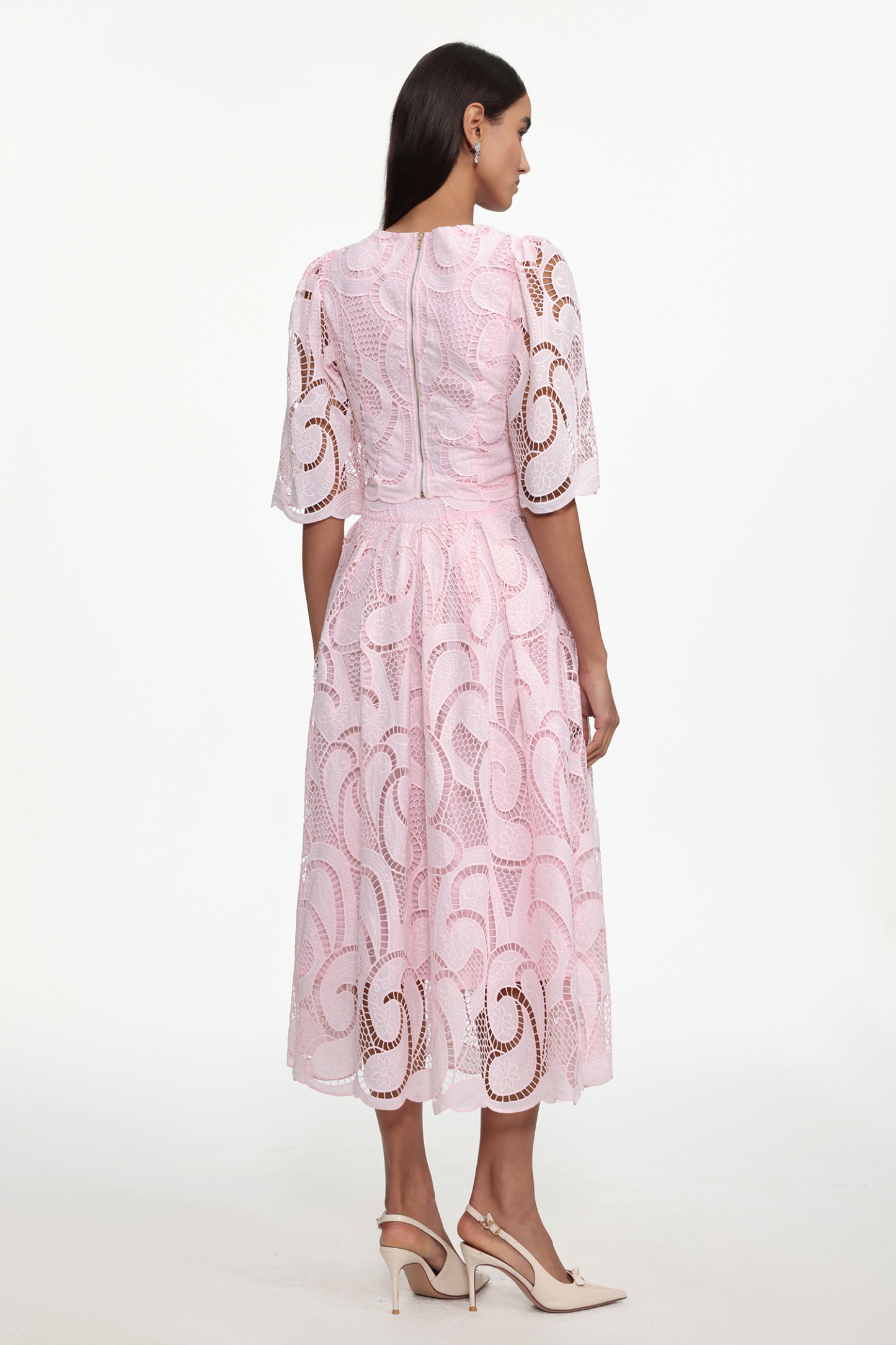 Ogani Resort Flowy Round Neck Short Sleeve Lace Woven Top and Skirt Set