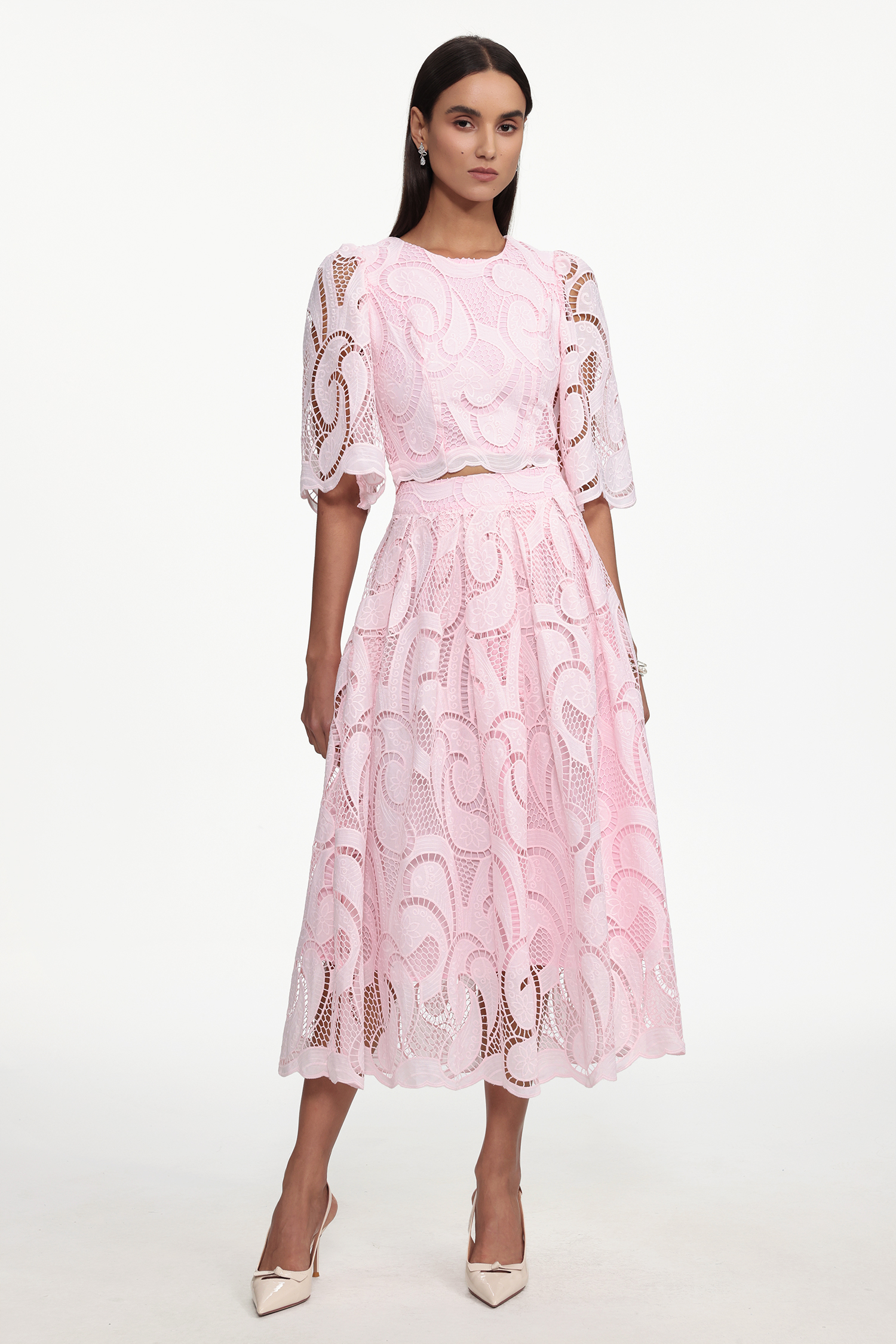 Ogani Resort Flowy Round Neck Short Sleeve Lace Woven Top and Skirt Set