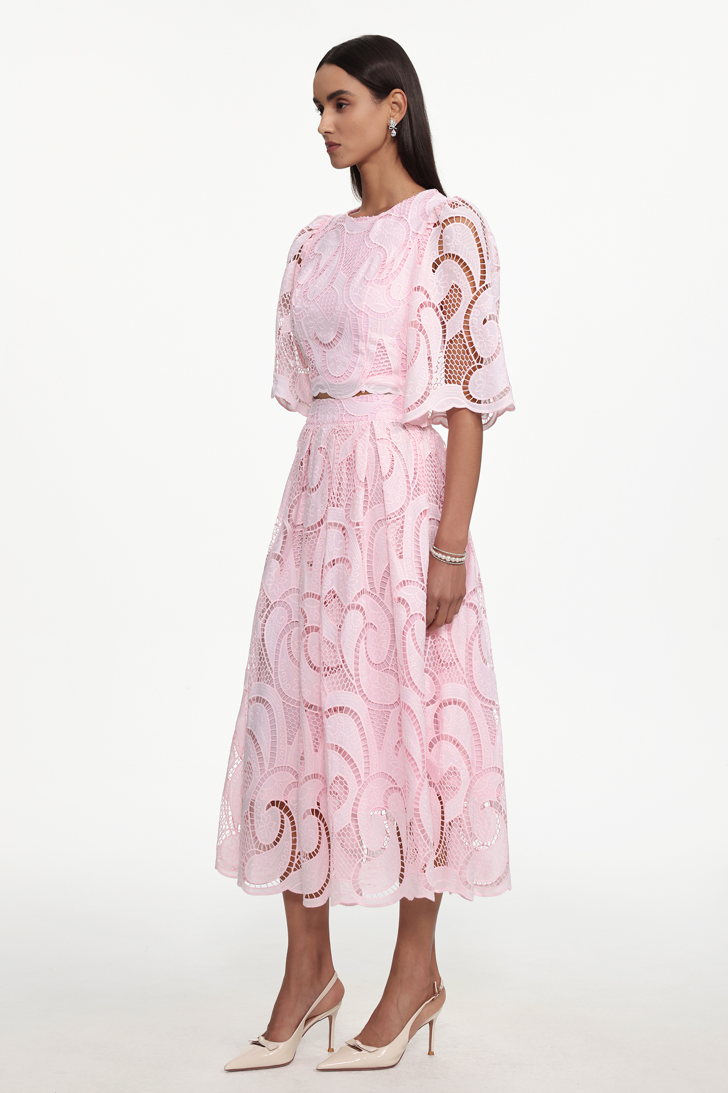 Ogani Resort Flowy Round Neck Short Sleeve Lace Woven Top and Skirt Set