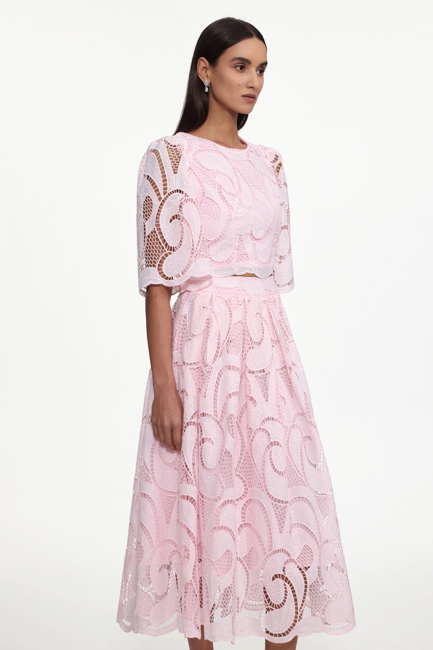 Ogani Resort Flowy Round Neck Short Sleeve Lace Woven Top and Skirt Set