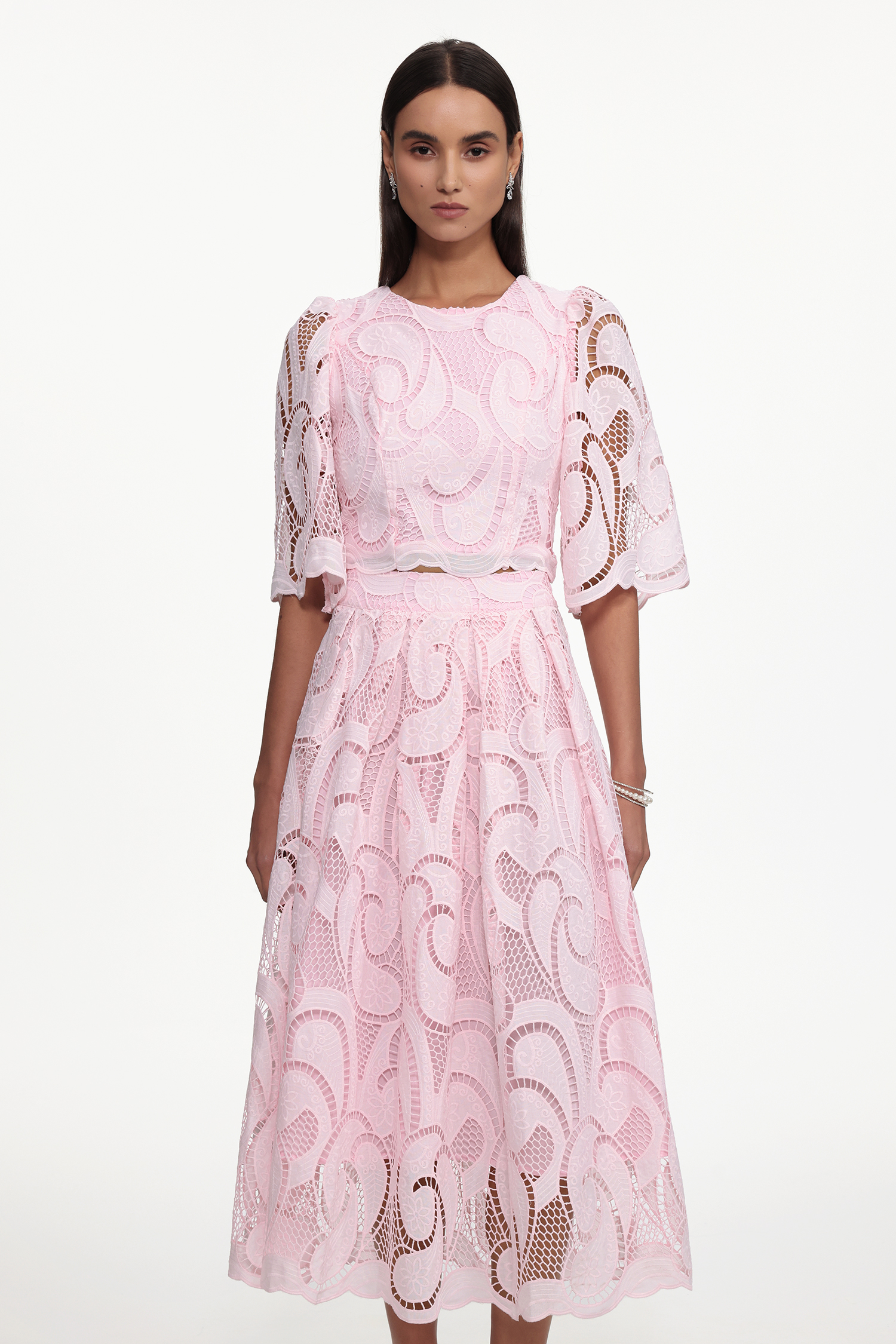 Ogani Resort Flowy Round Neck Short Sleeve Lace Woven Top and Skirt Set