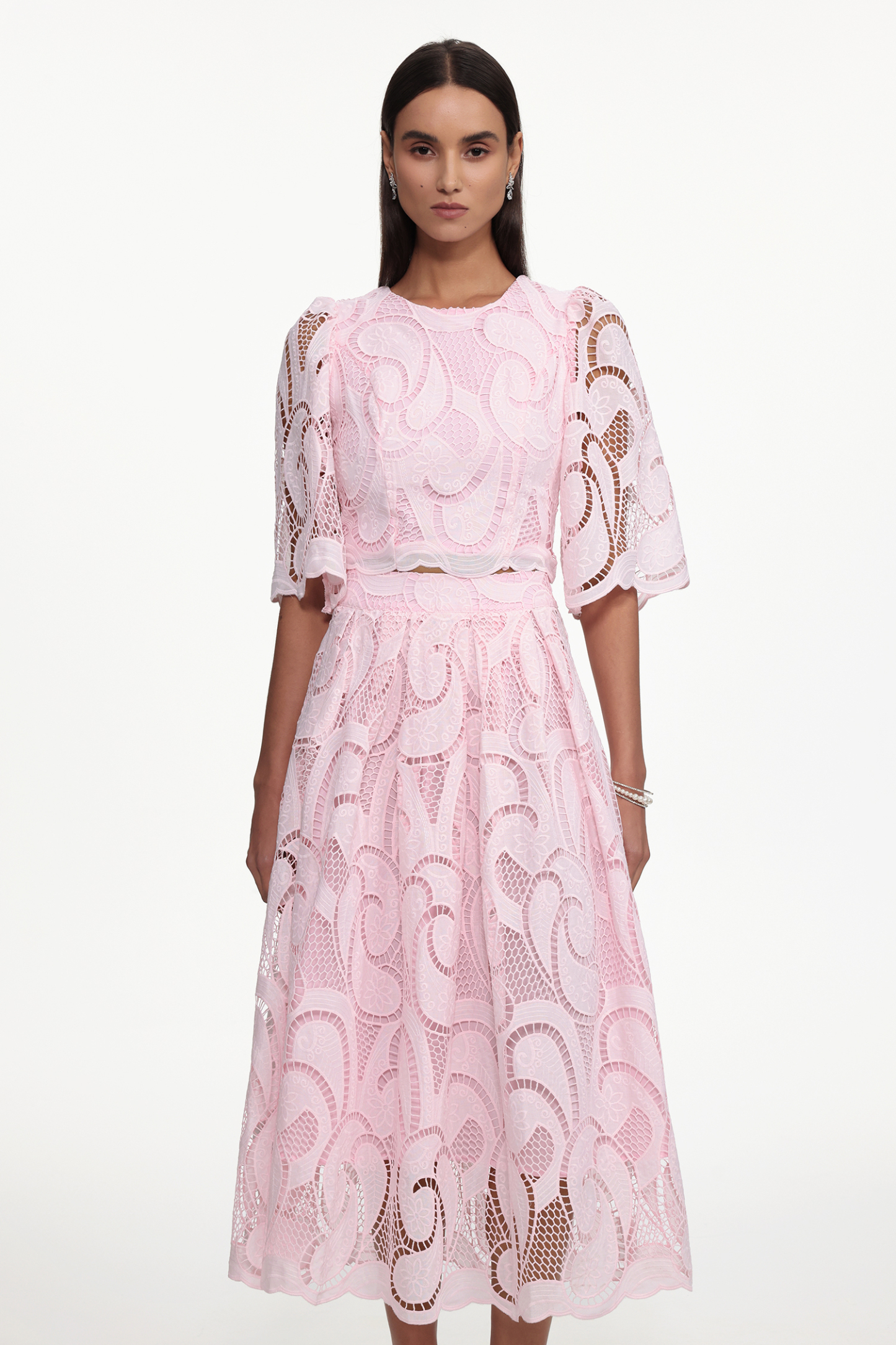 Ogani Resort Flowy Round Neck Short Sleeve Lace Woven Top and Skirt Set