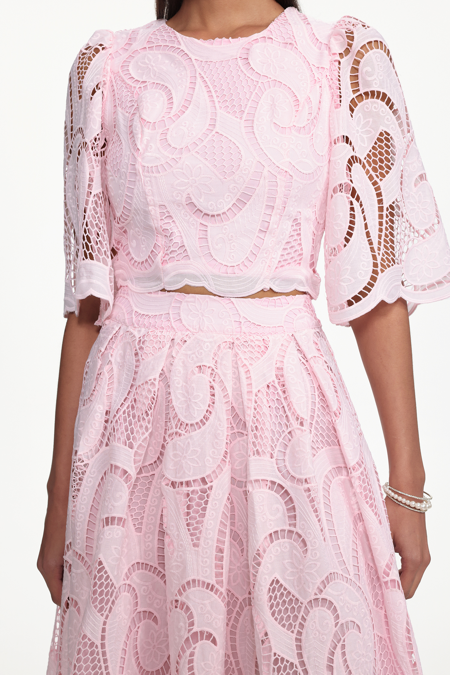 Ogani Resort Flowy Round Neck Short Sleeve Lace Woven Top and Skirt Set