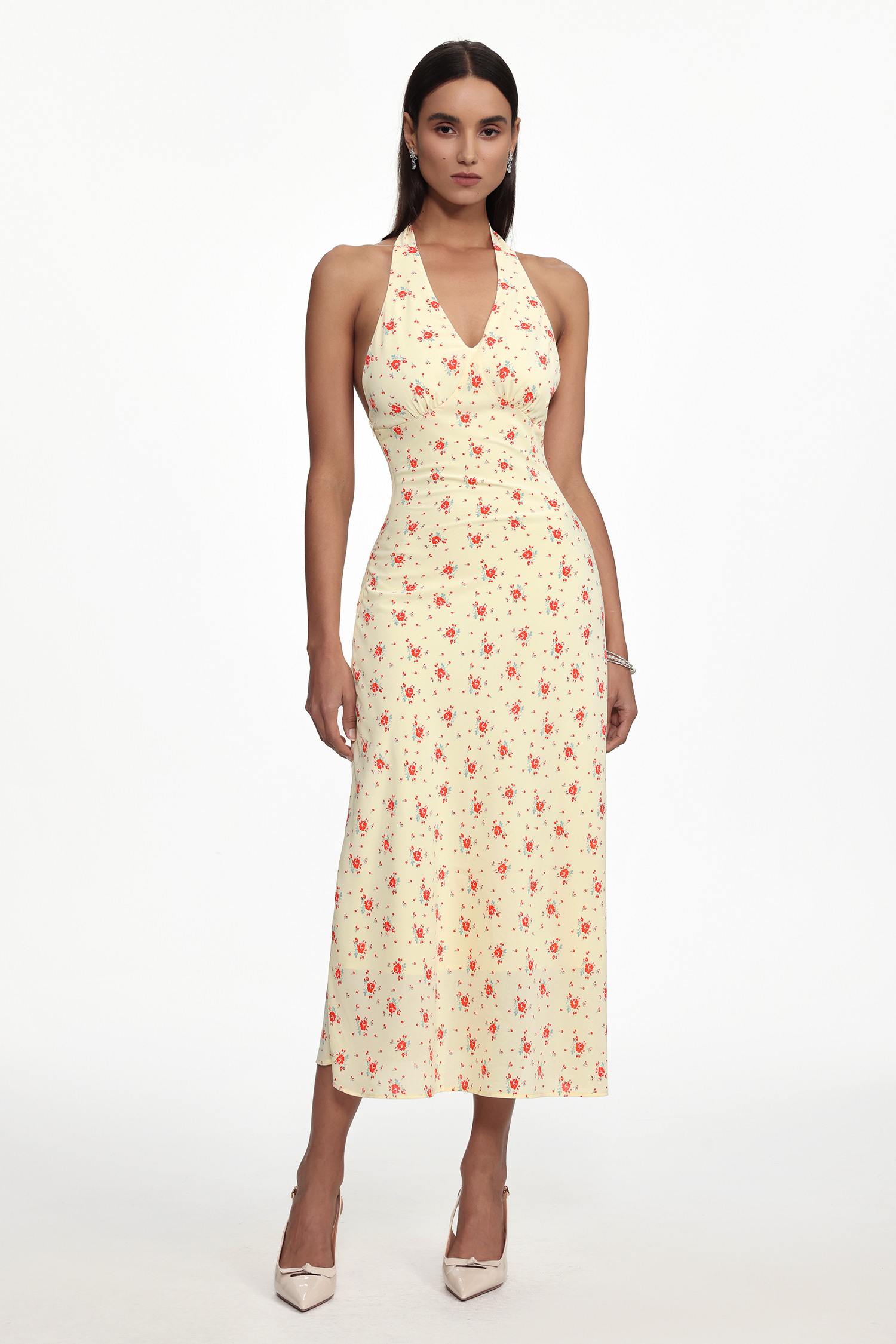 Serena Romantic Cinched Waist V Neck Sleeveless Floral Print Woven Maxi Dress