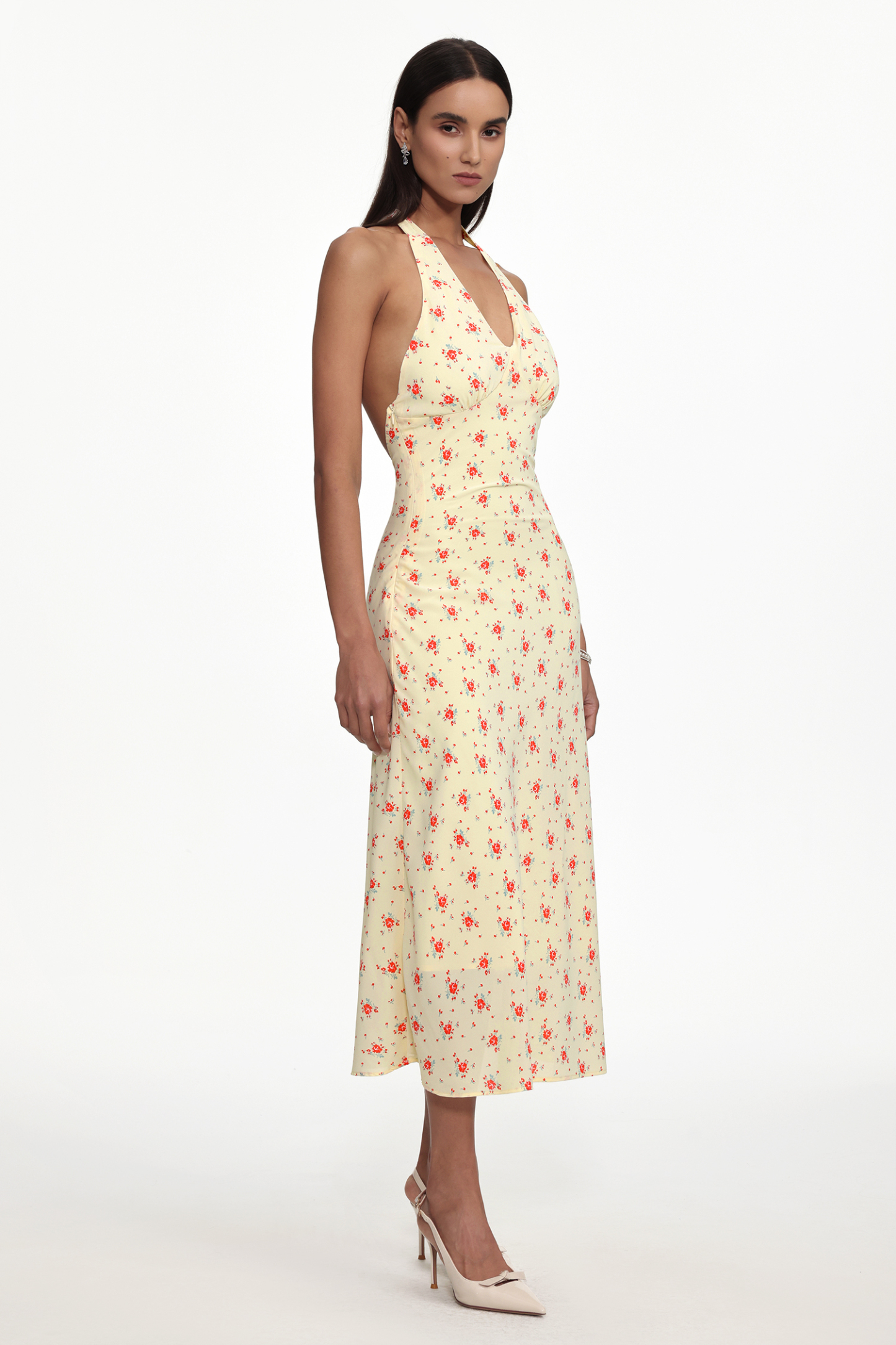 Serena Romantic Cinched Waist V Neck Sleeveless Floral Print Woven Maxi Dress