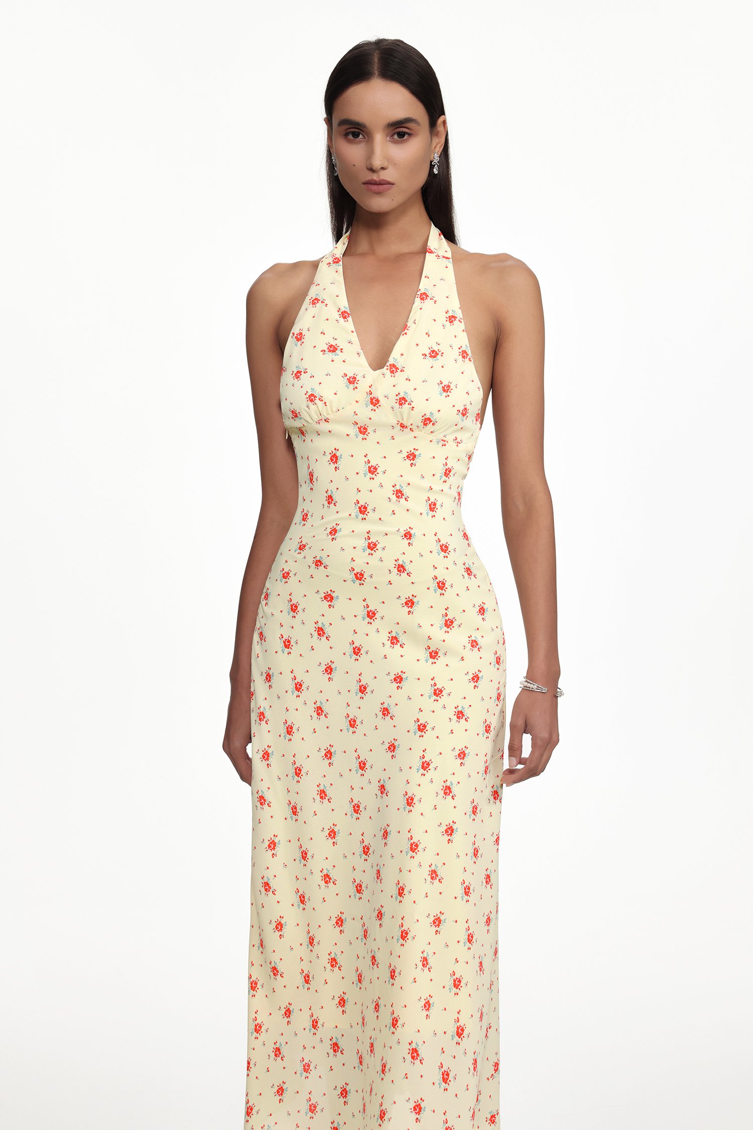 Serena Romantic Cinched Waist V Neck Sleeveless Floral Print Woven Maxi Dress