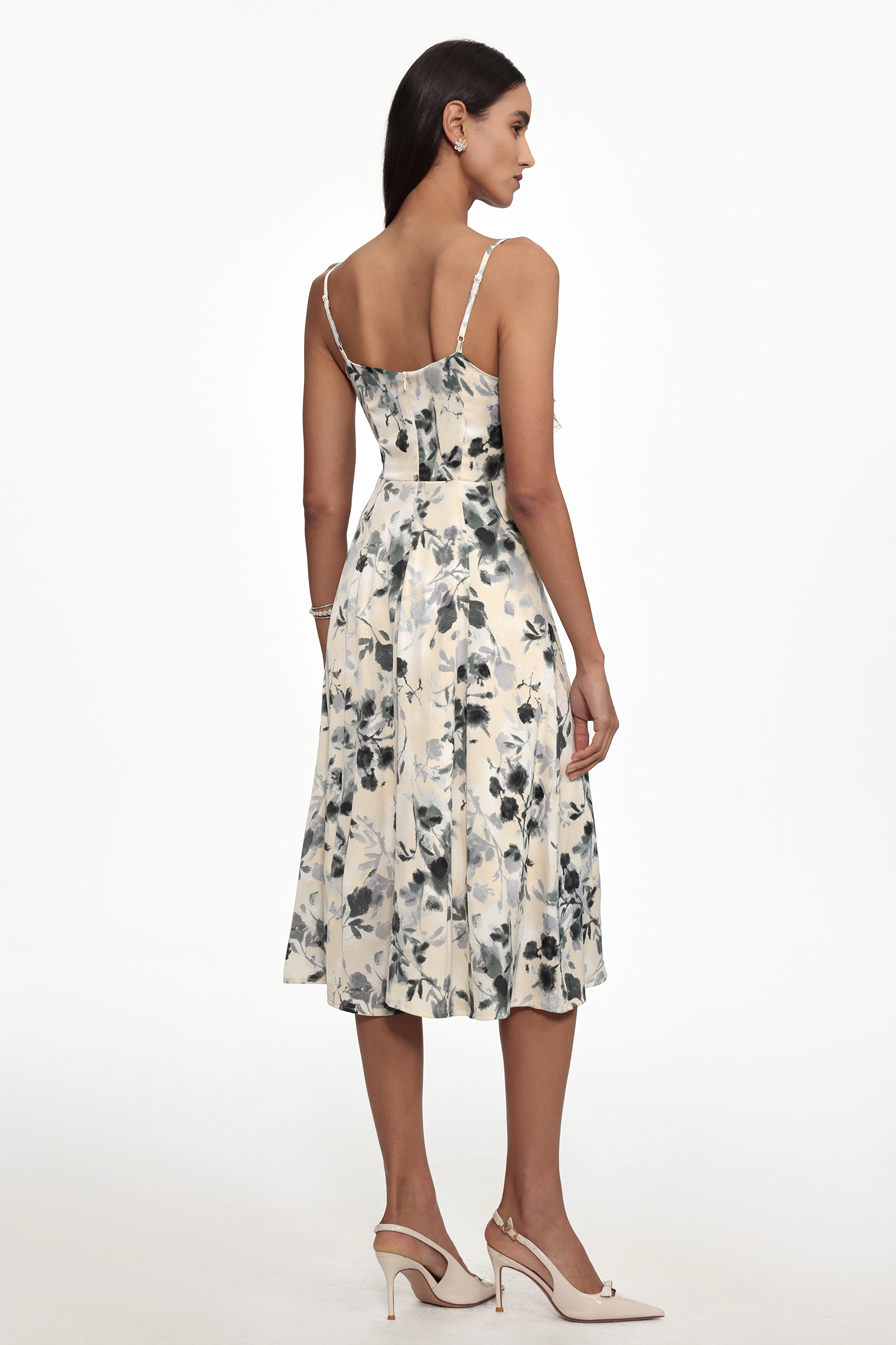 Giacinta Romantic Cinched Waist Sleeveless Ruffle Floral Print Woven Midi Dress