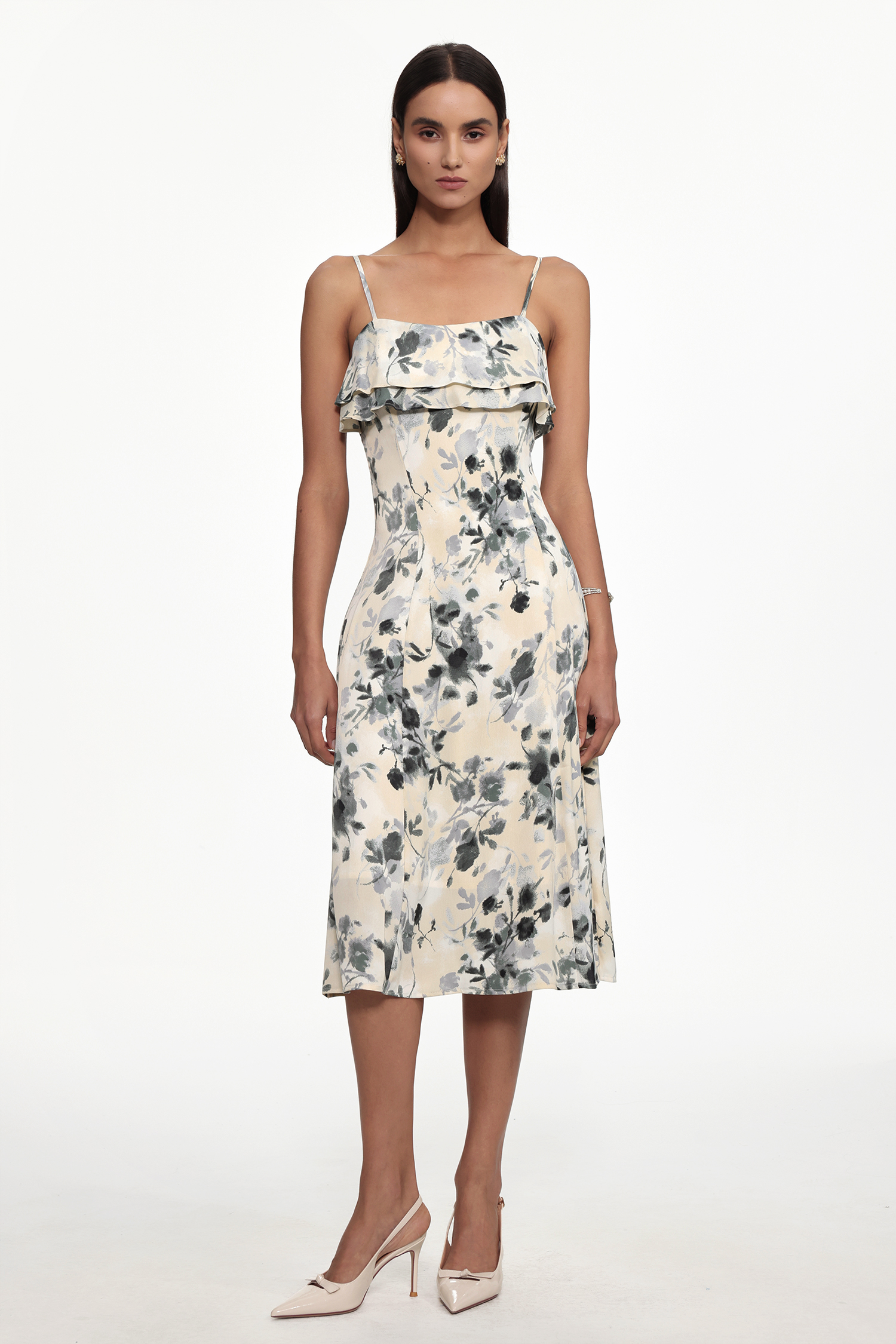 Giacinta Romantic Cinched Waist Sleeveless Ruffle Floral Print Woven Midi Dress