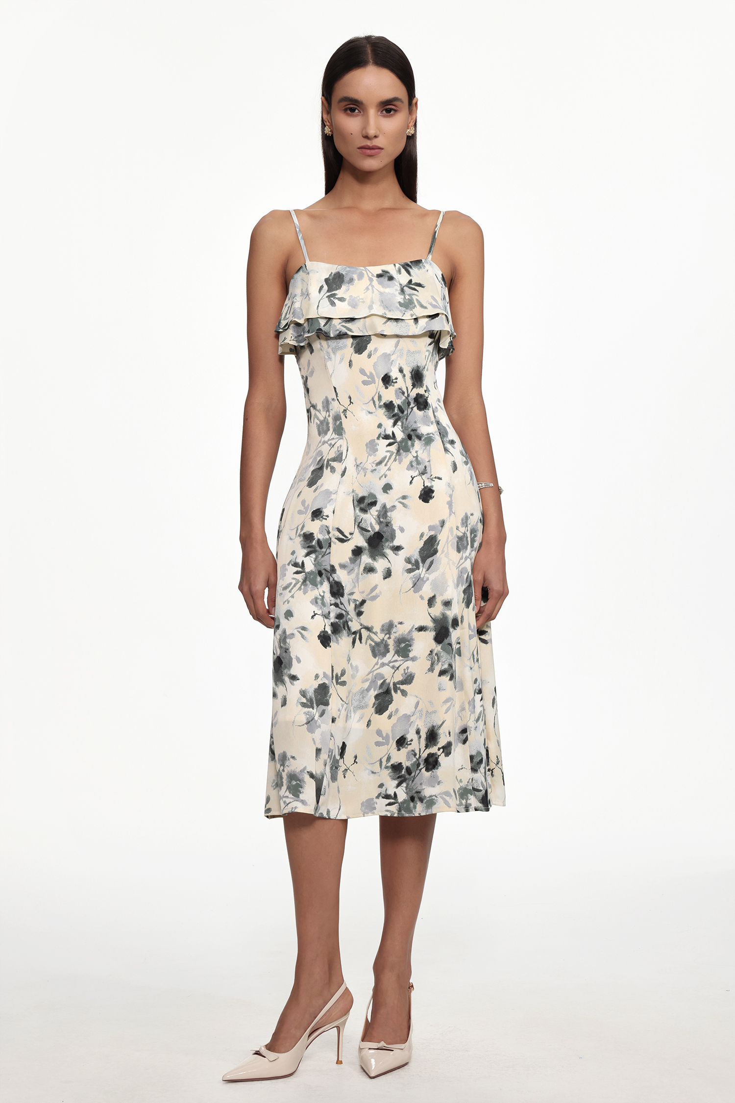 Giacinta Romantic Cinched Waist Sleeveless Ruffle Floral Print Woven Midi Dress