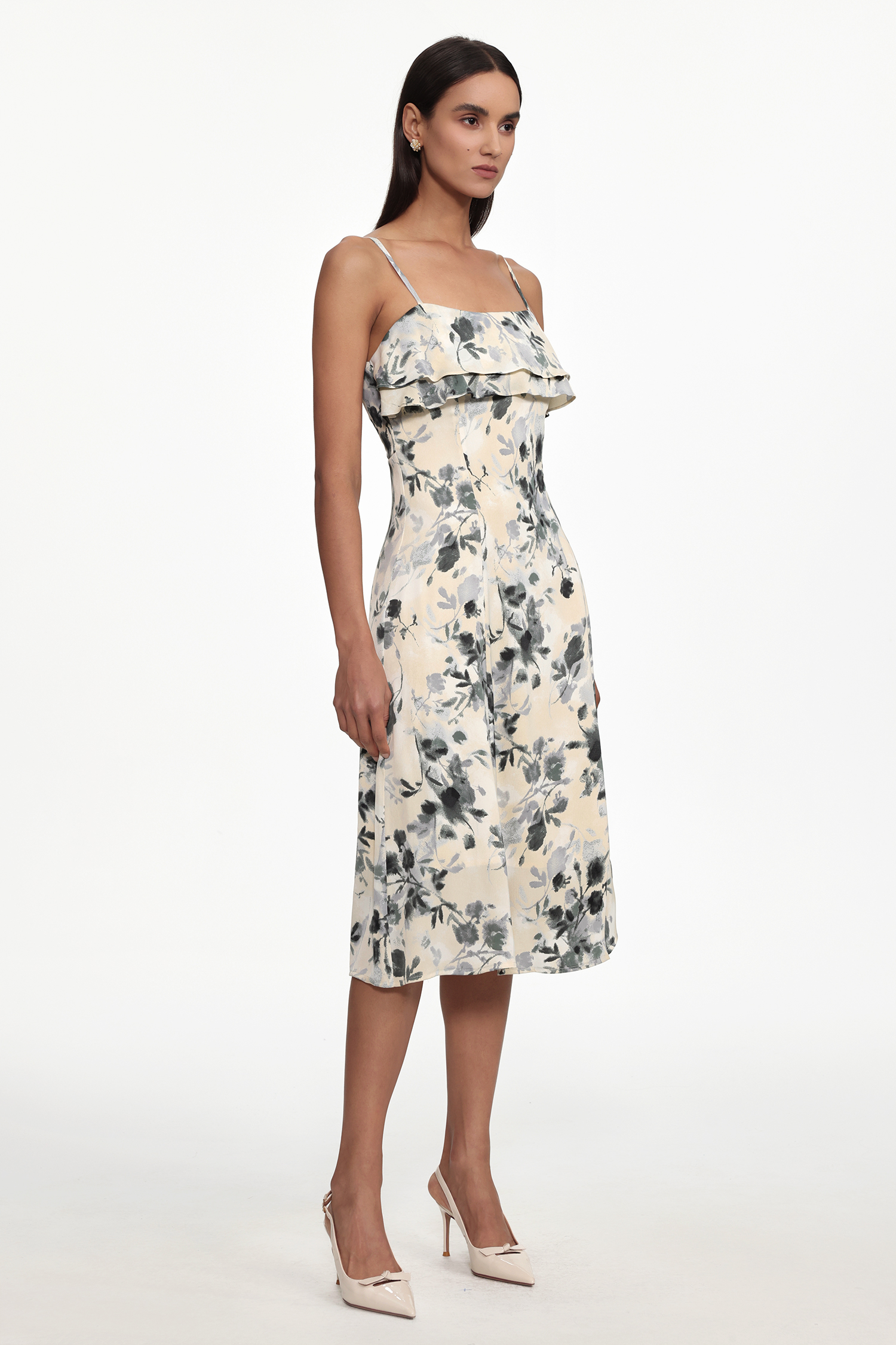 Giacinta Romantic Cinched Waist Sleeveless Ruffle Floral Print Woven Midi Dress