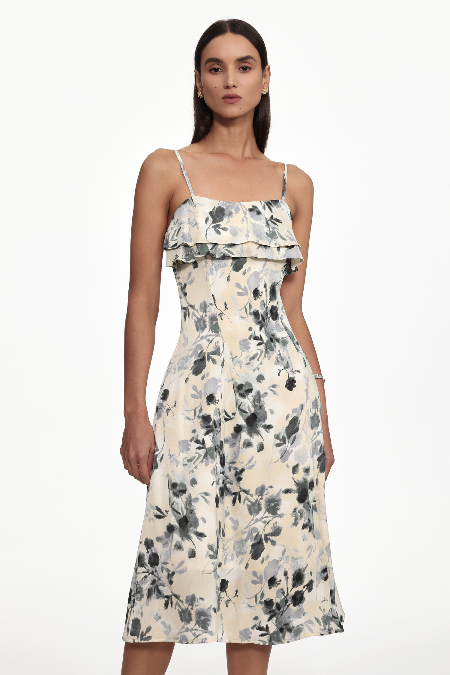 Giacinta Romantic Cinched Waist Sleeveless Ruffle Floral Print Woven Midi Dress