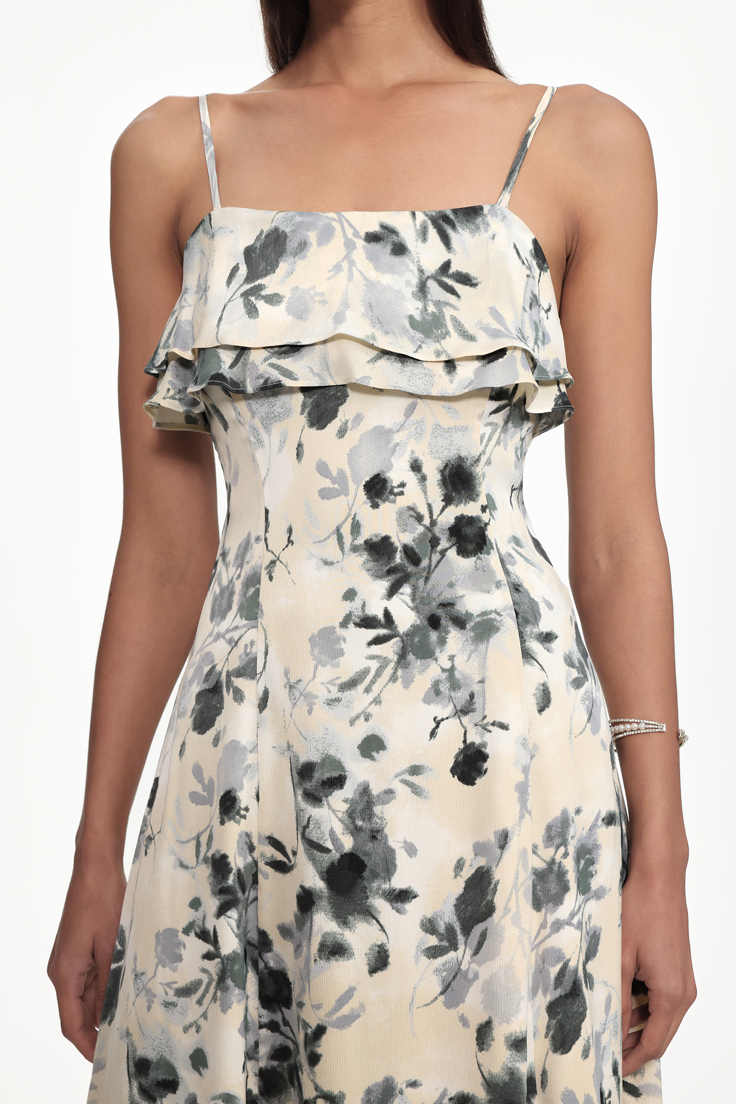 Giacinta Romantic Cinched Waist Sleeveless Ruffle Floral Print Woven Midi Dress