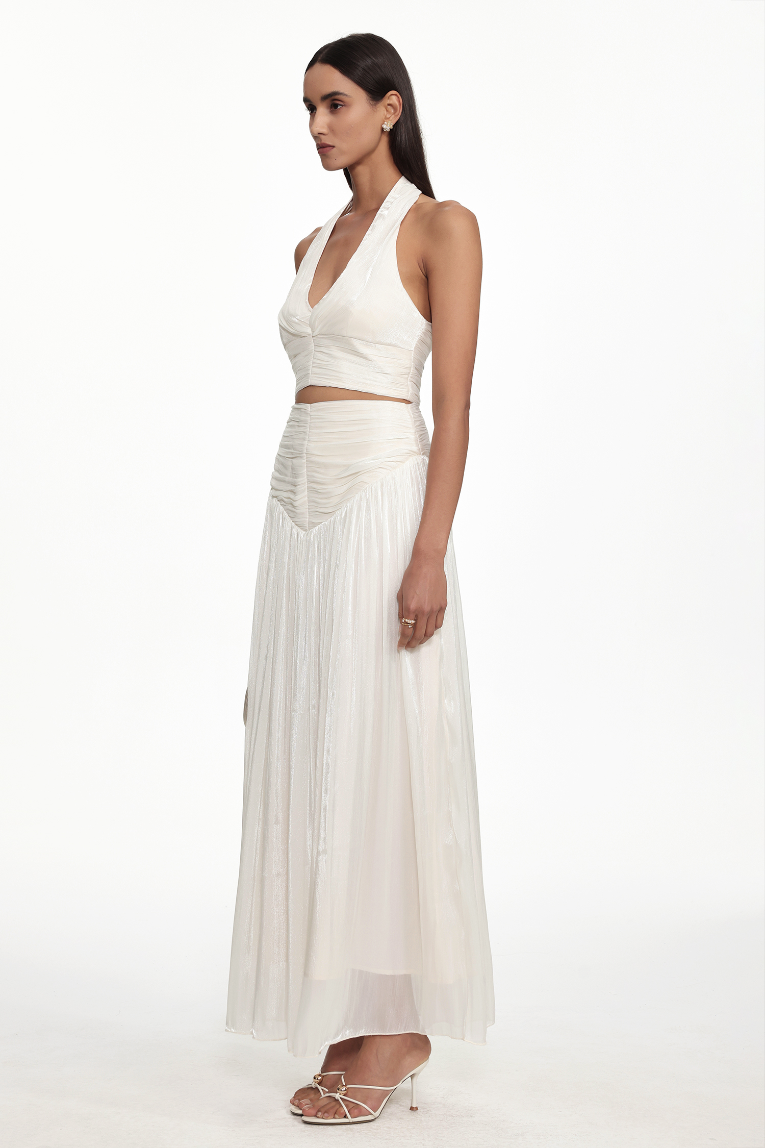 Wyatt Resort Flowy Halter V Neck Gathered Organza Top and Skirt Set