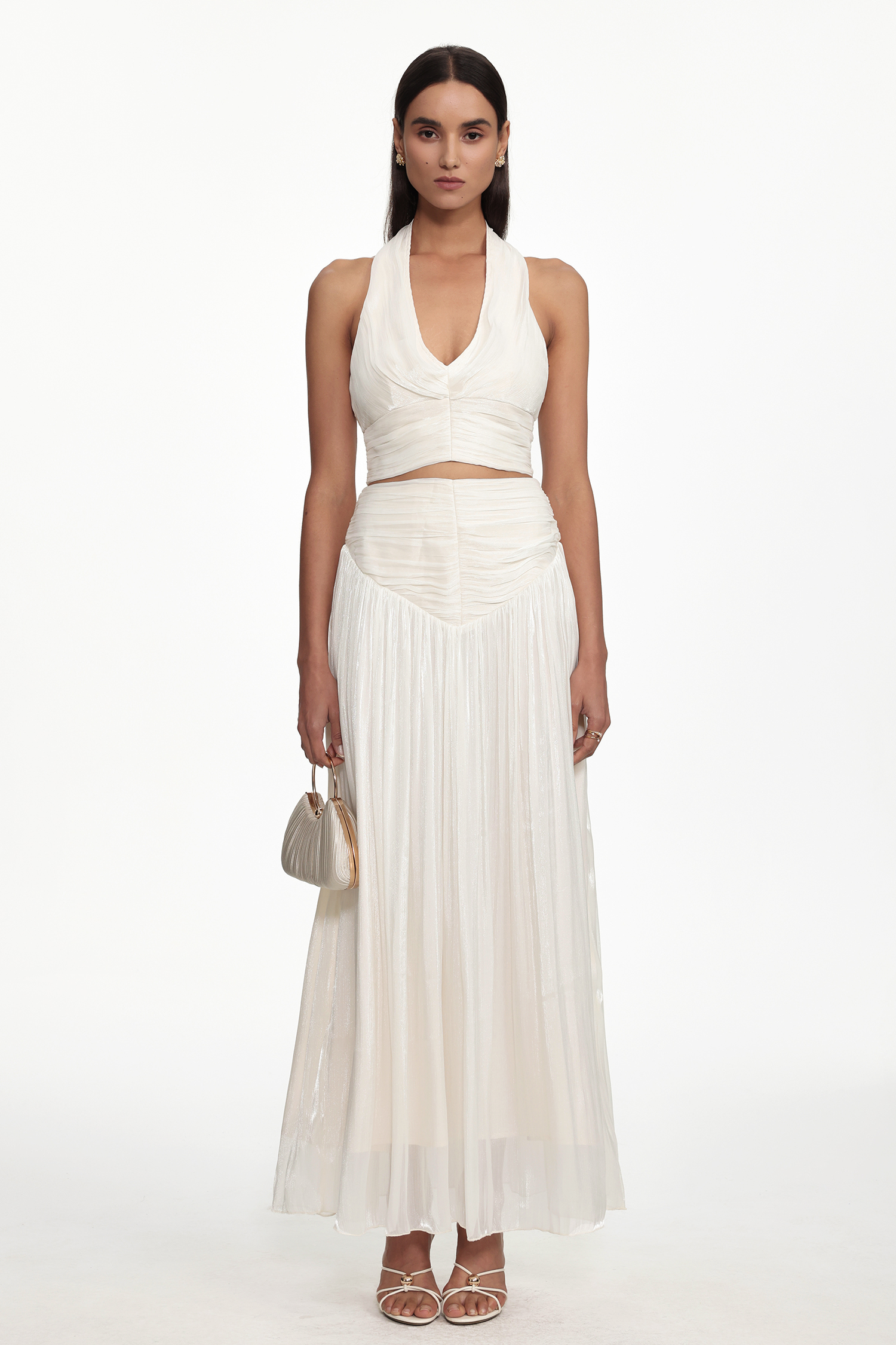 Wyatt Resort Flowy Halter V Neck Gathered Organza Top and Skirt Set