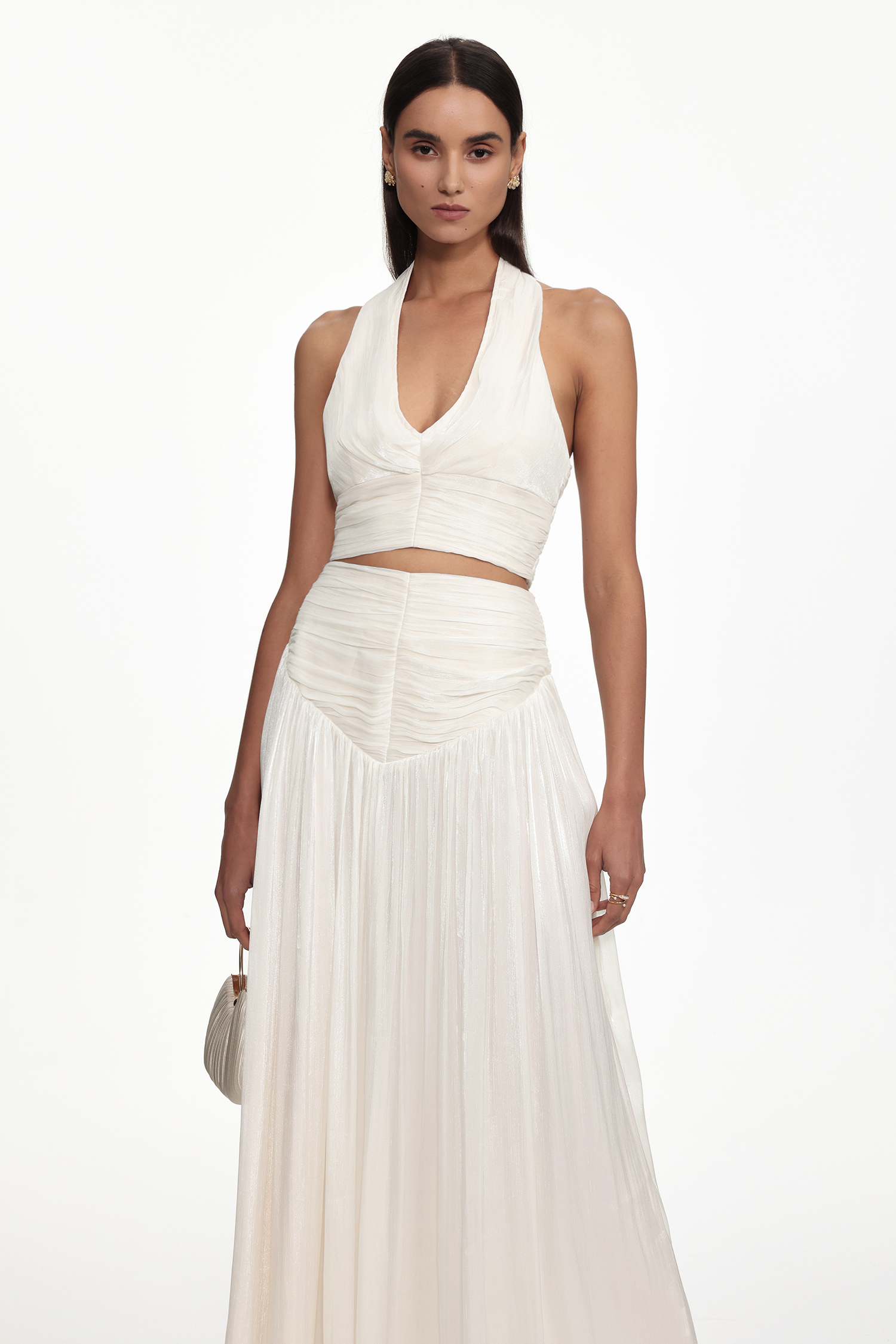 Wyatt Resort Flowy Halter V Neck Gathered Organza Top and Skirt Set