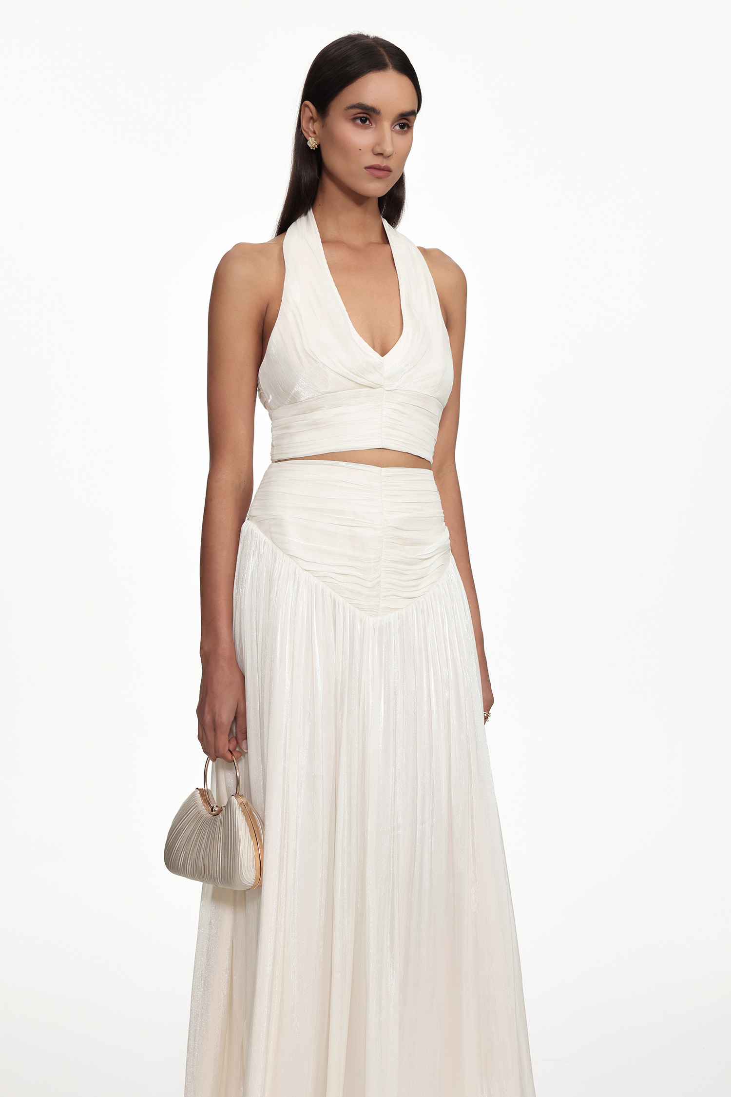 Wyatt Resort Flowy Halter V Neck Gathered Organza Top and Skirt Set