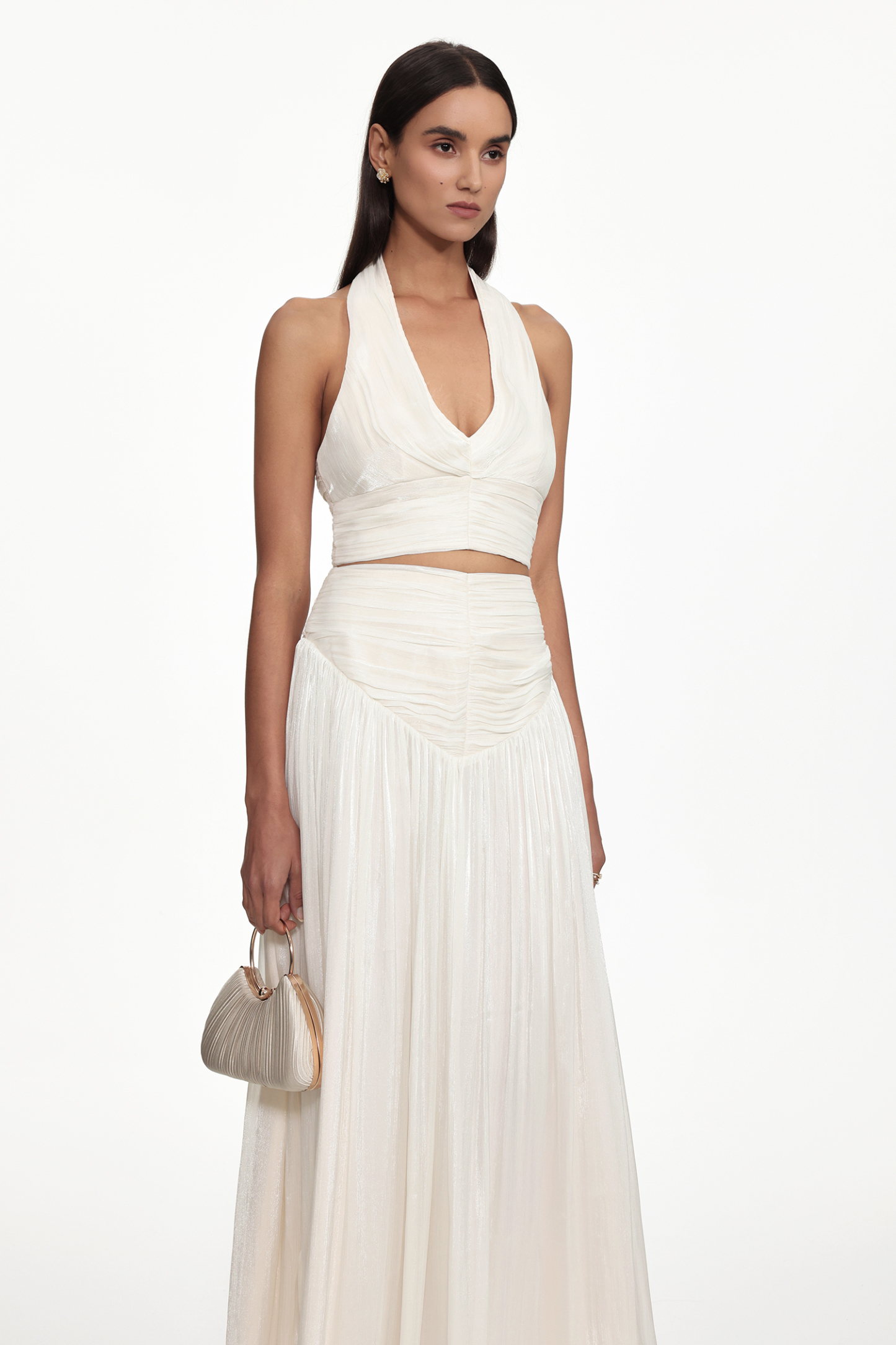 Wyatt Resort Flowy Halter V Neck Gathered Organza Top and Skirt Set