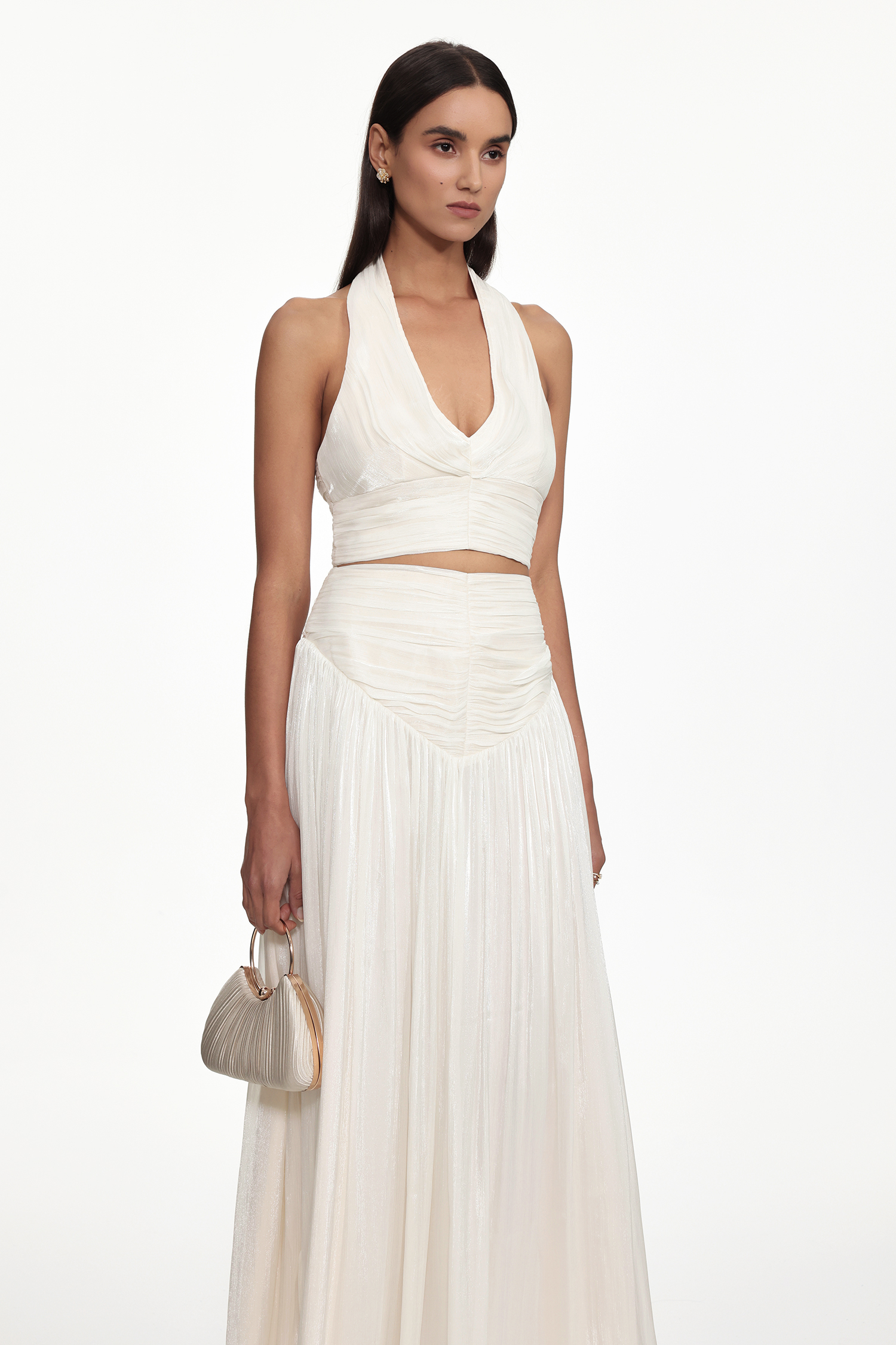 Wyatt Resort Flowy Halter V Neck Gathered Organza Top and Skirt Set