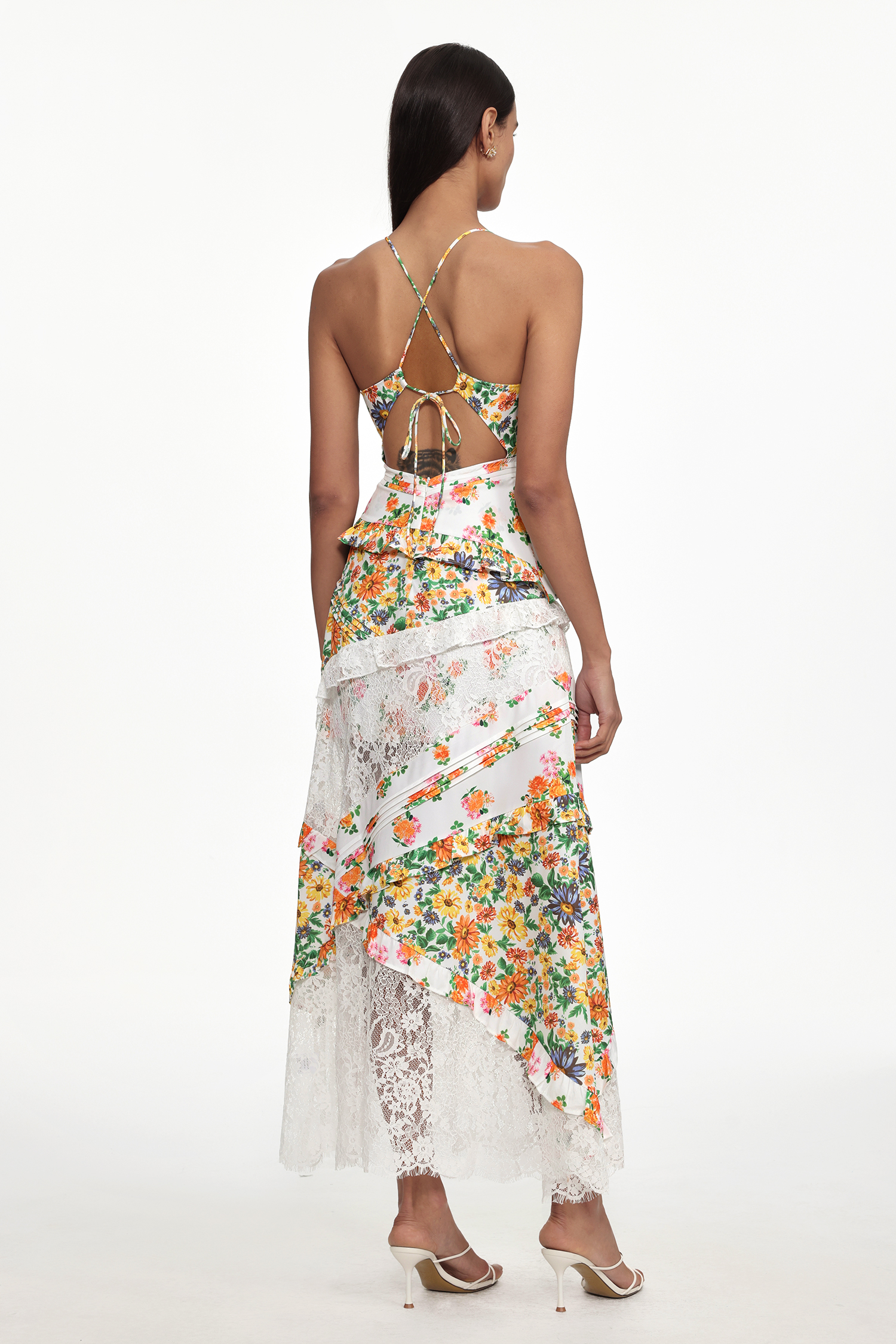 Zainab Resort Flowy V Neck Floral Print Lace Woven Maxi Dress