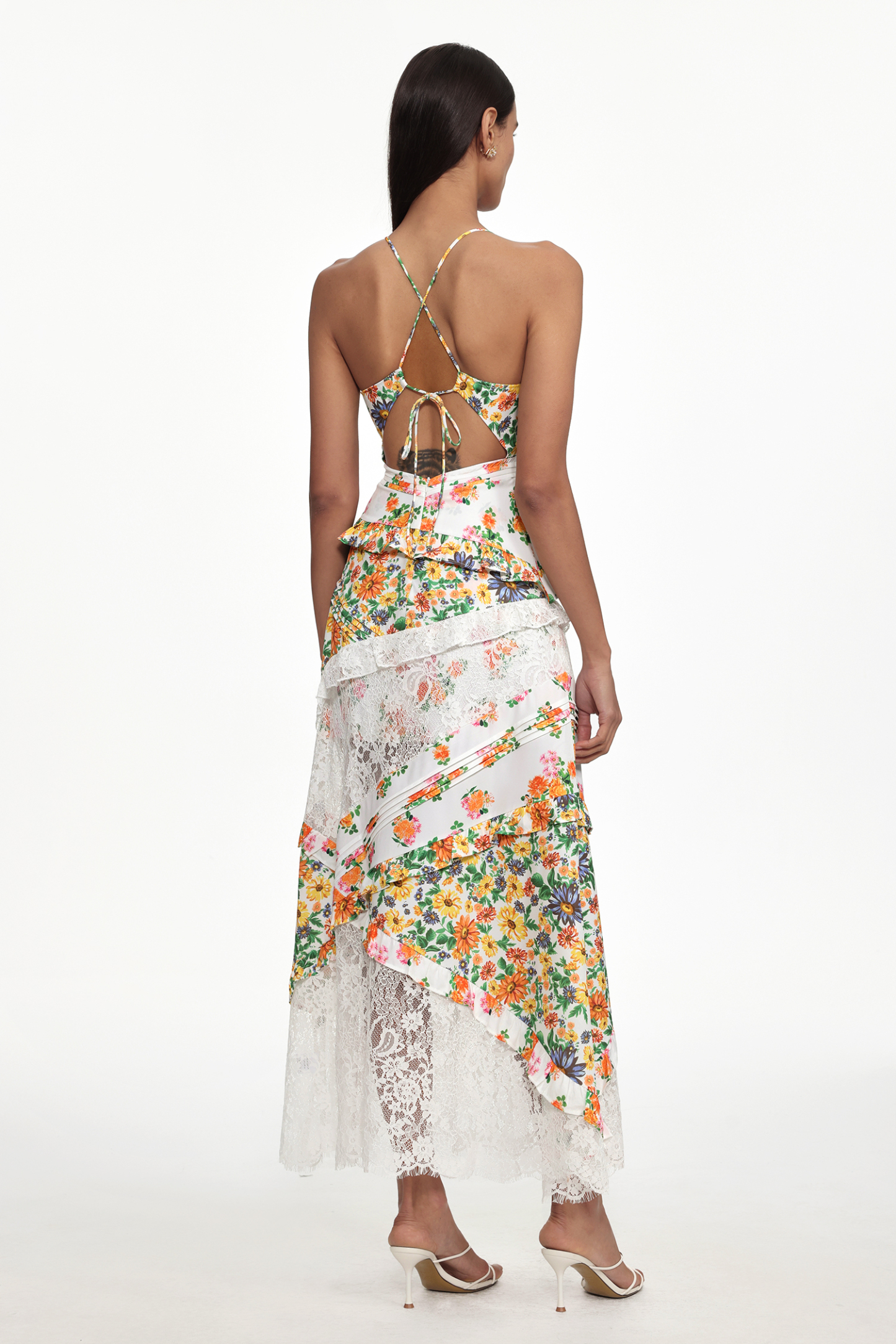 Zainab Resort Flowy V Neck Floral Print Lace Woven Maxi Dress