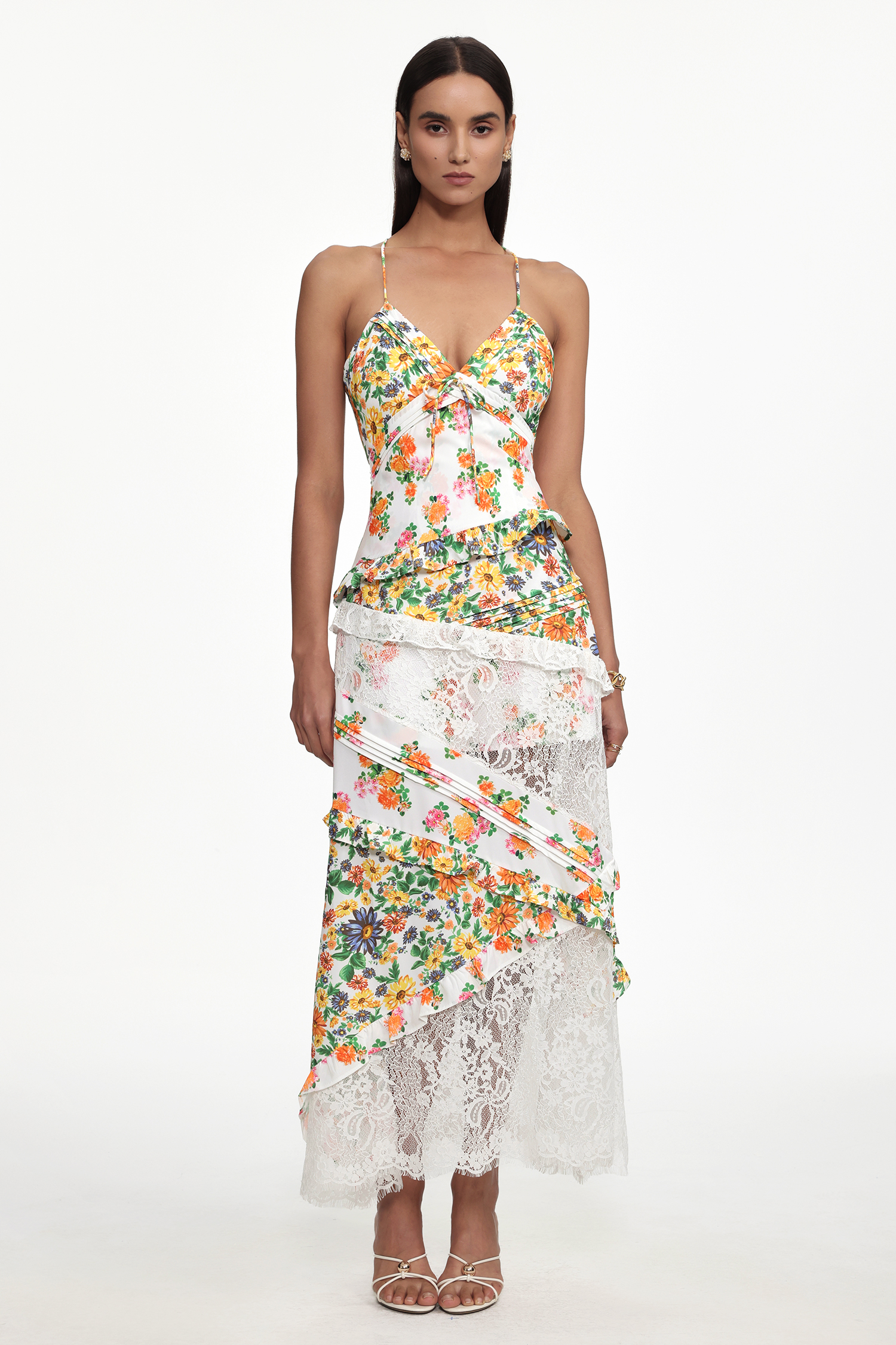 Zainab Resort Flowy V Neck Floral Print Lace Woven Maxi Dress