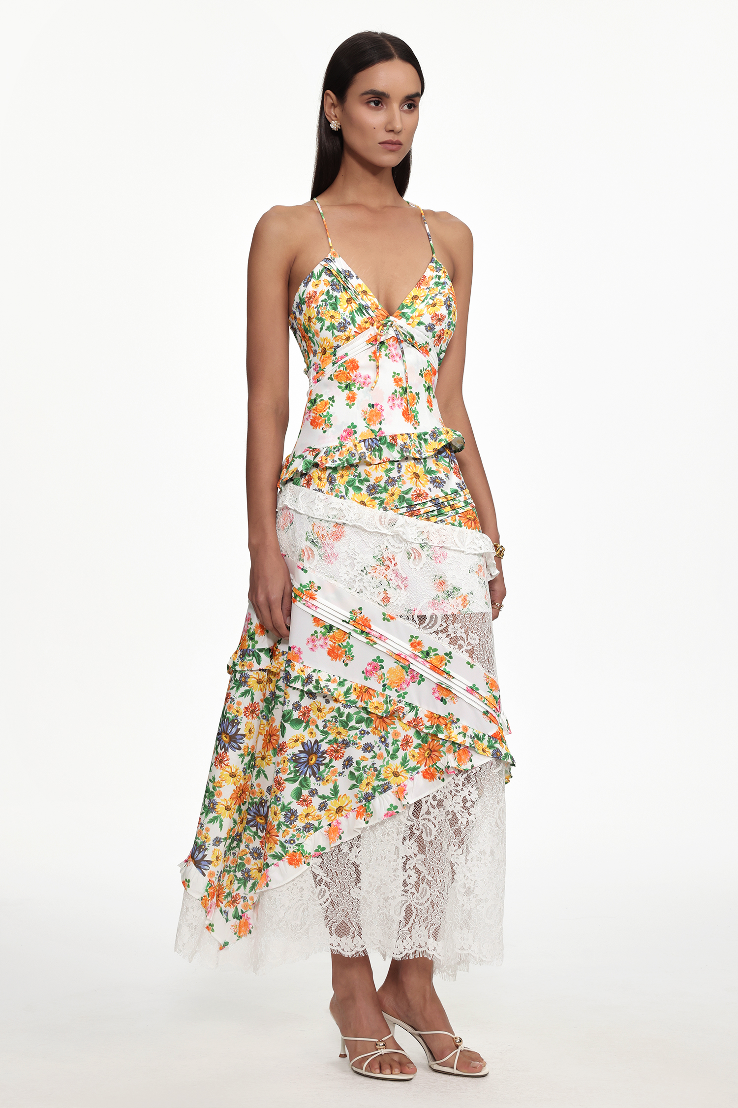 Zainab Resort Flowy V Neck Floral Print Lace Woven Maxi Dress