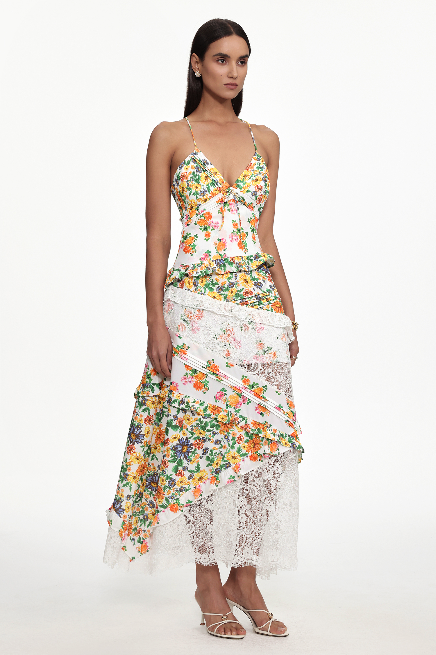 Zainab Resort Flowy V Neck Floral Print Lace Woven Maxi Dress